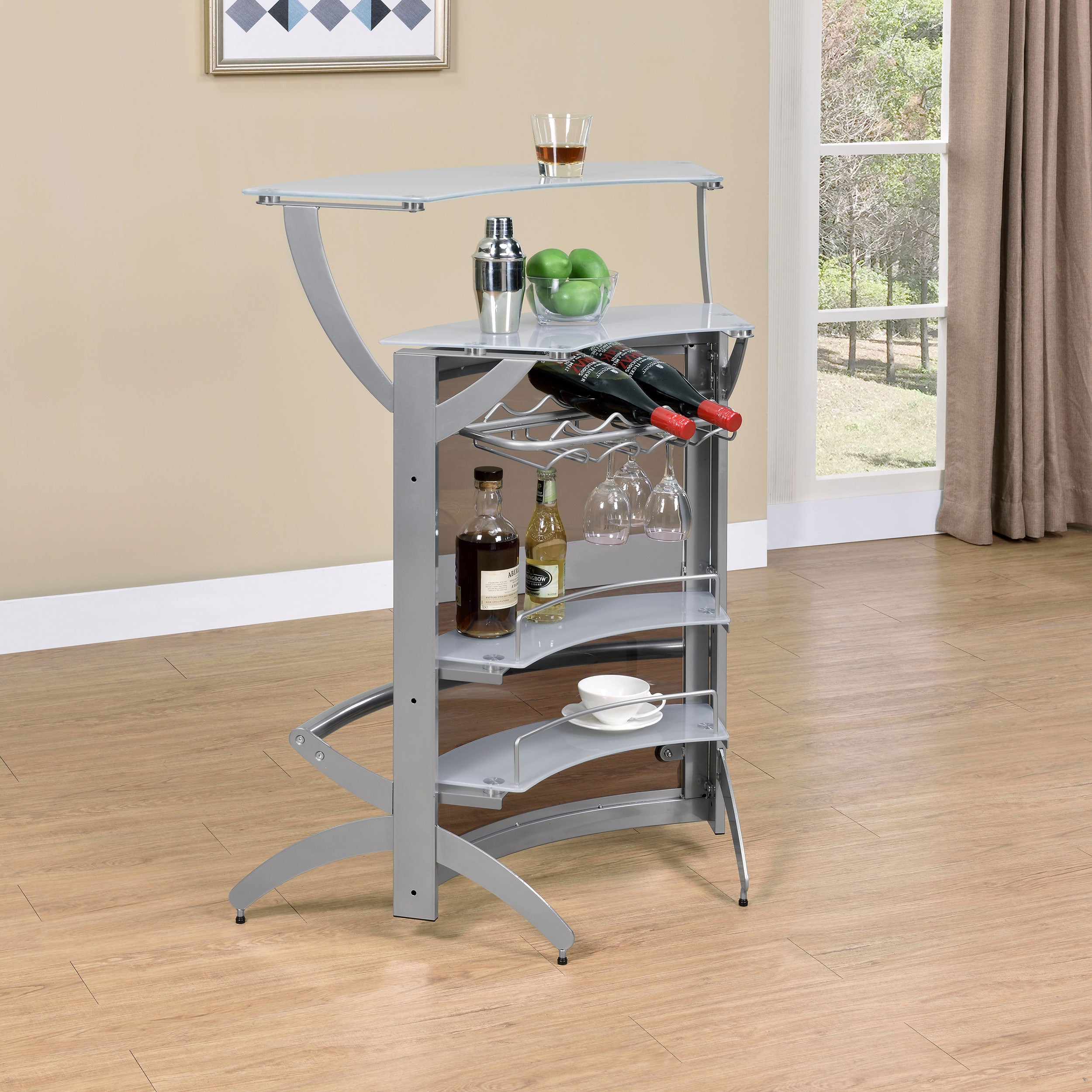 Dallas 2-shelf Curved Freestanding Home Bar Cabinet Silver-CoasterEssence