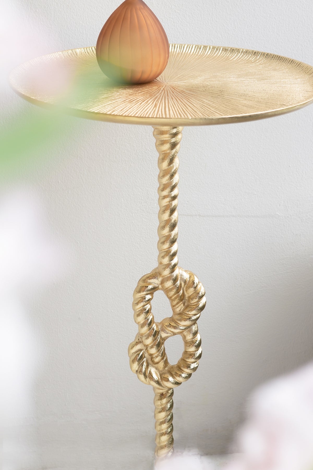 13.8x13.8x24 Gold Side Table with Rope Knot Design and White Marble Base