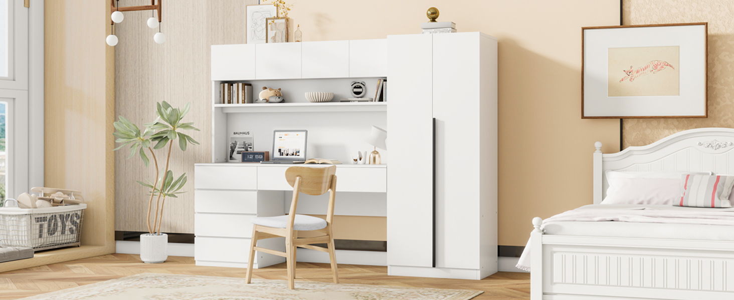 2 Door Storage Desk Wardrobe For Bedroom With Shelves And Drawers