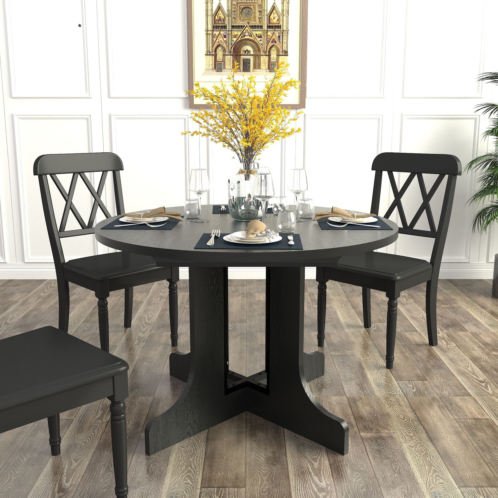 Dining Table For Farmhouse Kitchen Expandable Oval Table Top With Removable Leaf Trestle X Shaped Base - Black - Best Buy Furniture