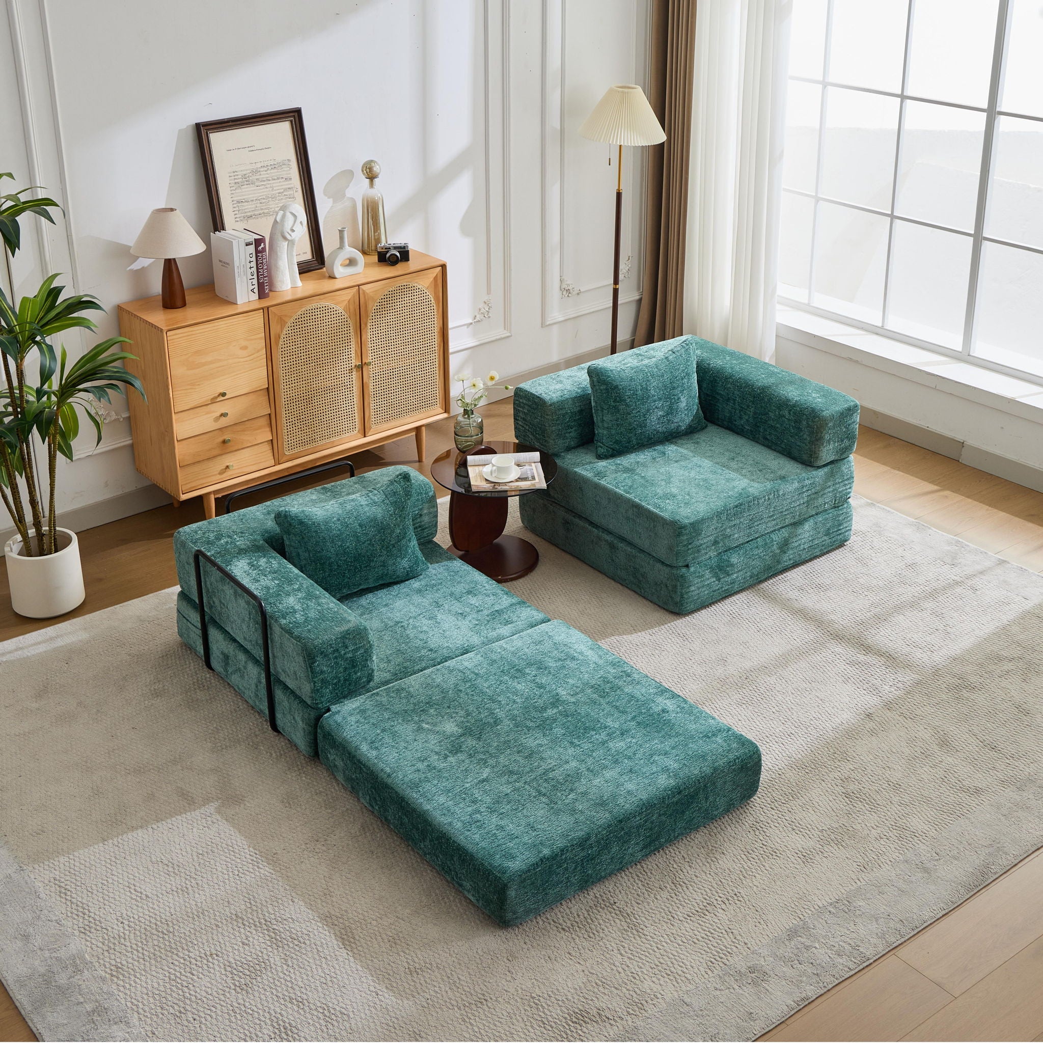 Convertible Floor Sofa Bed With Fixed Shape Frame, Loveseats Boneless Modular Sectional, For Living Room - Dark Green