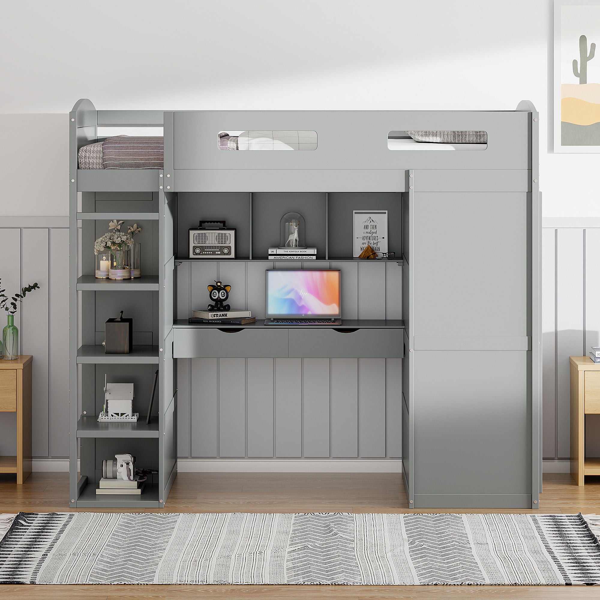 Loft Bed With Desk, Wardrobes, 4 Drawers And 4 Shelves