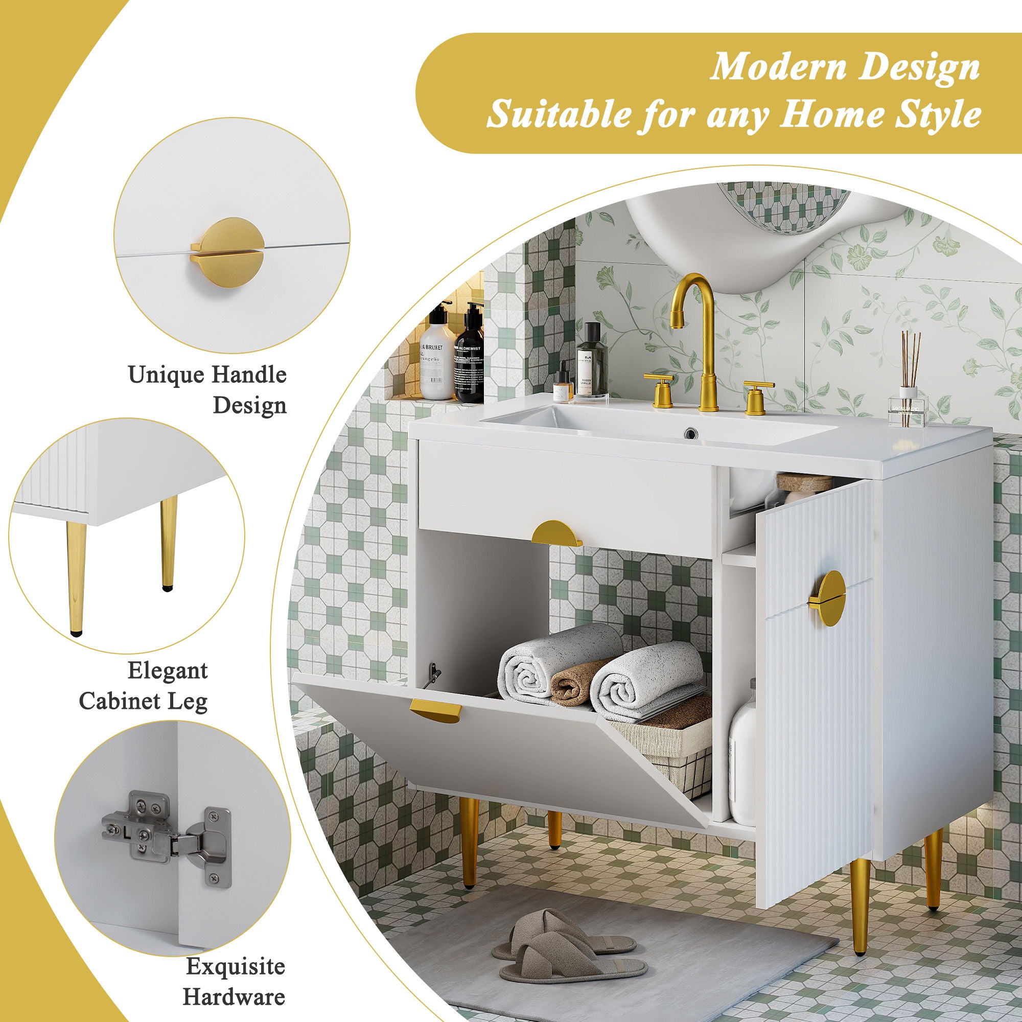 Bathroom Vanity With Sink, Storage Cabinet Soft Closing Door And Drop Down Compartment - White