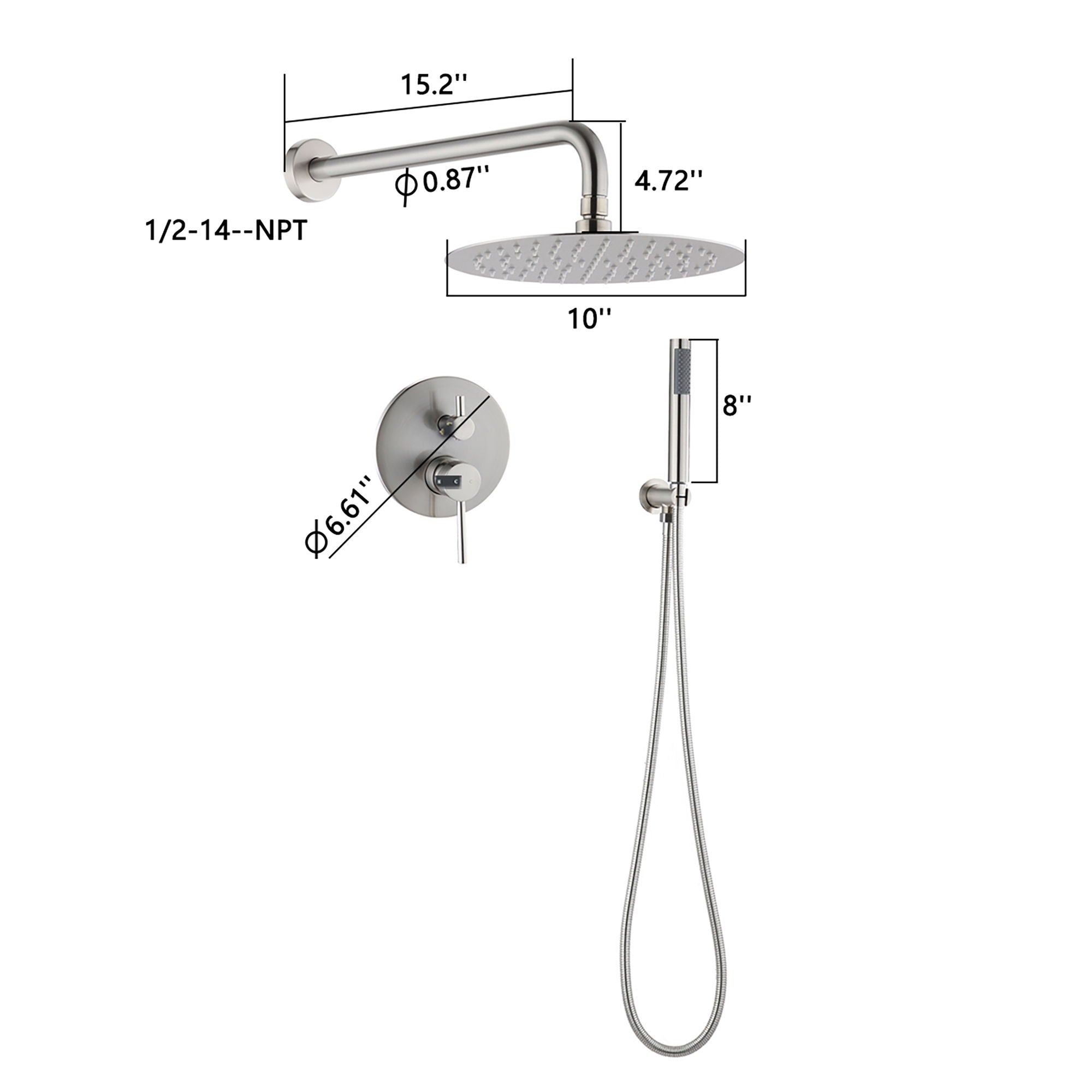 Elegant 10" Round Rain Shower Head And Handheld Set With Adjustable Tilt And Dual Modes - Brushed Nickel Silver