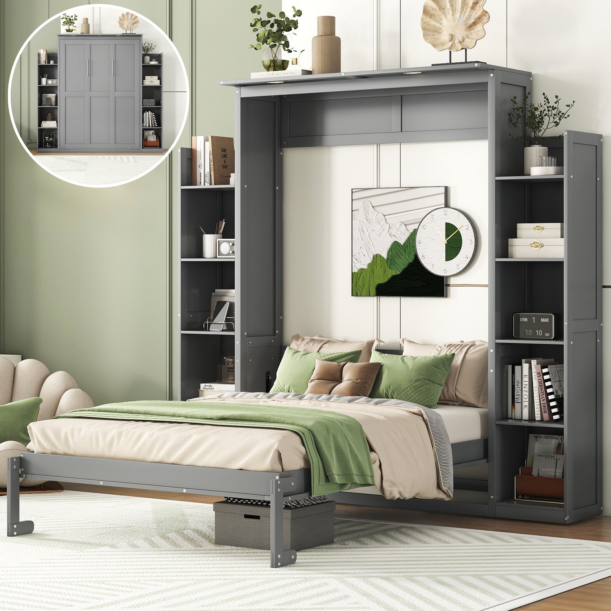 Wall Murphy Bed With Shelves And LED Lights