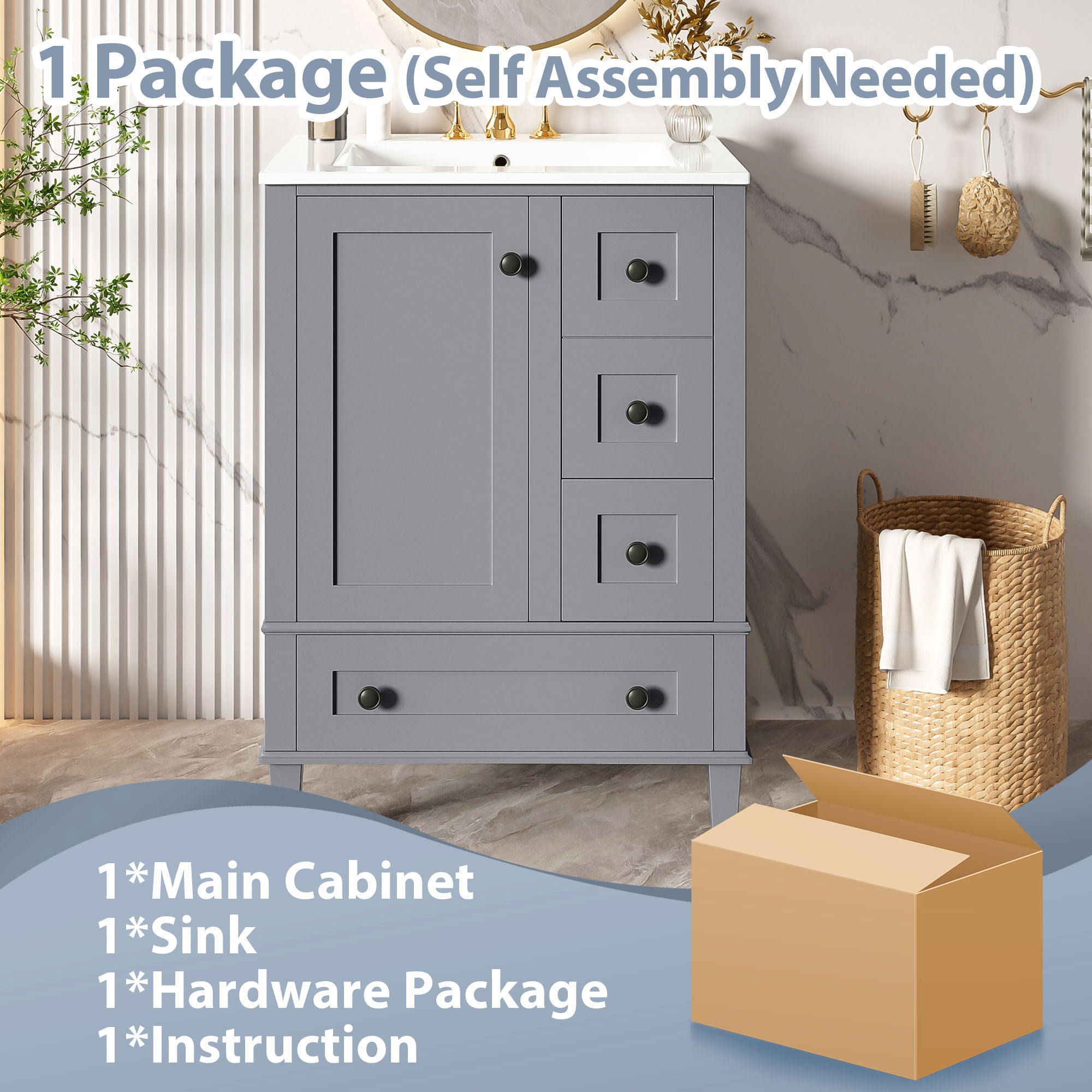 Bathroom Vanity With Integrated Basin, Soft Close Drawers, Door Mounted Double Layer Shelf