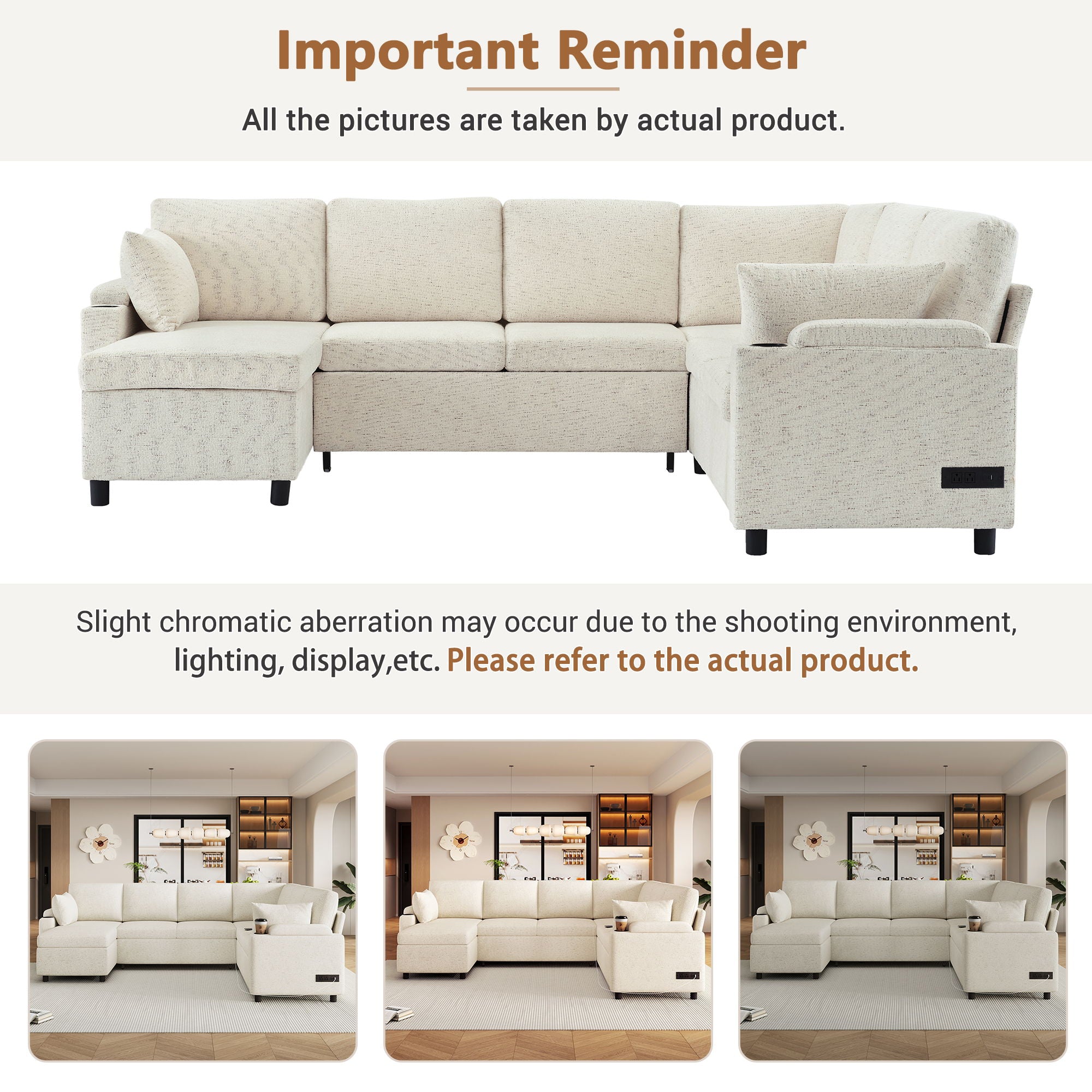 U-Shaped Sectional Sleeper Sofa With Ample Storage Space, 2 Cup Holders And Charging Ports For Living Room