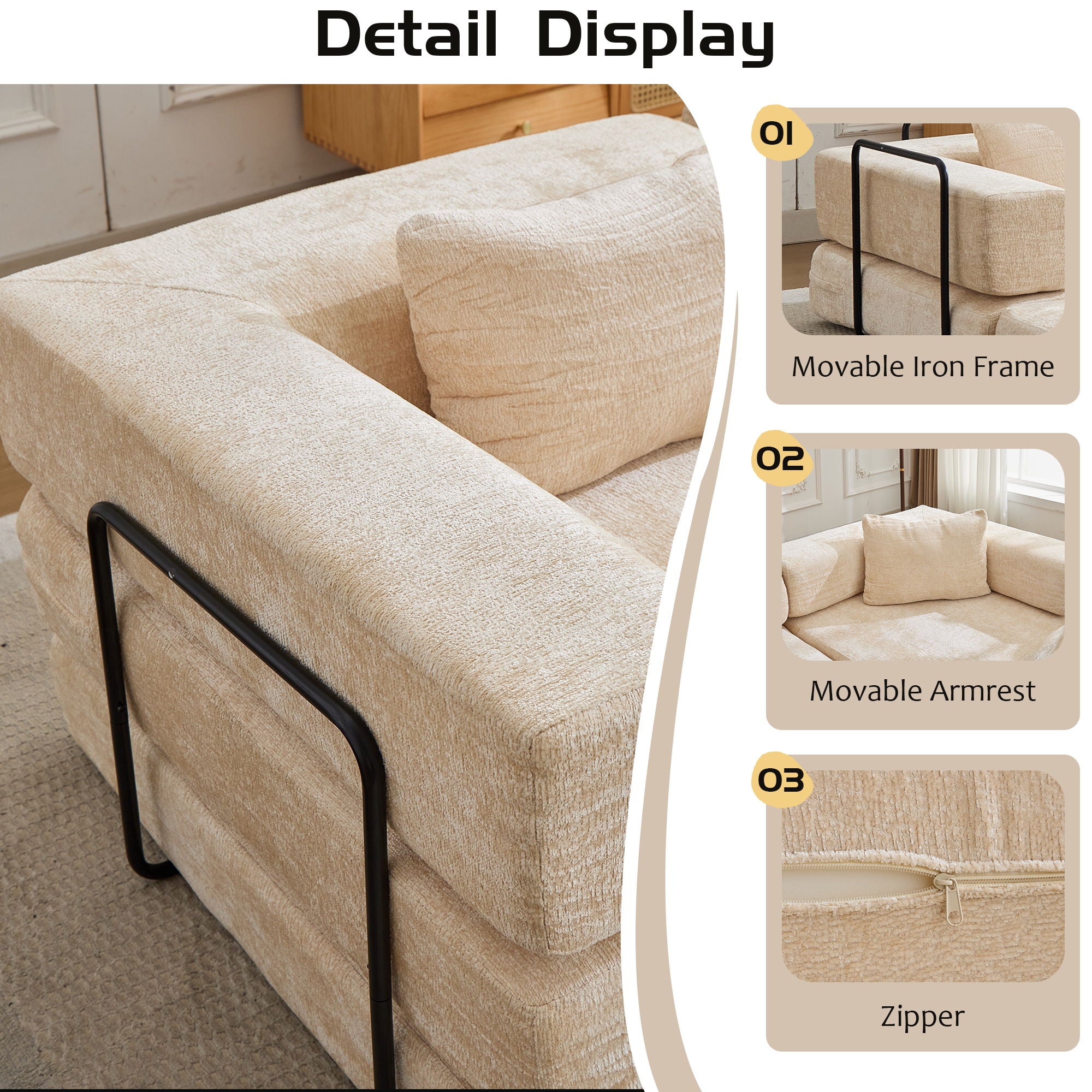 Convertible Floor Sofa Bed With Fixed Shape Frame, Loveseats Boneless Modular Sectional, For Living Room - Beige