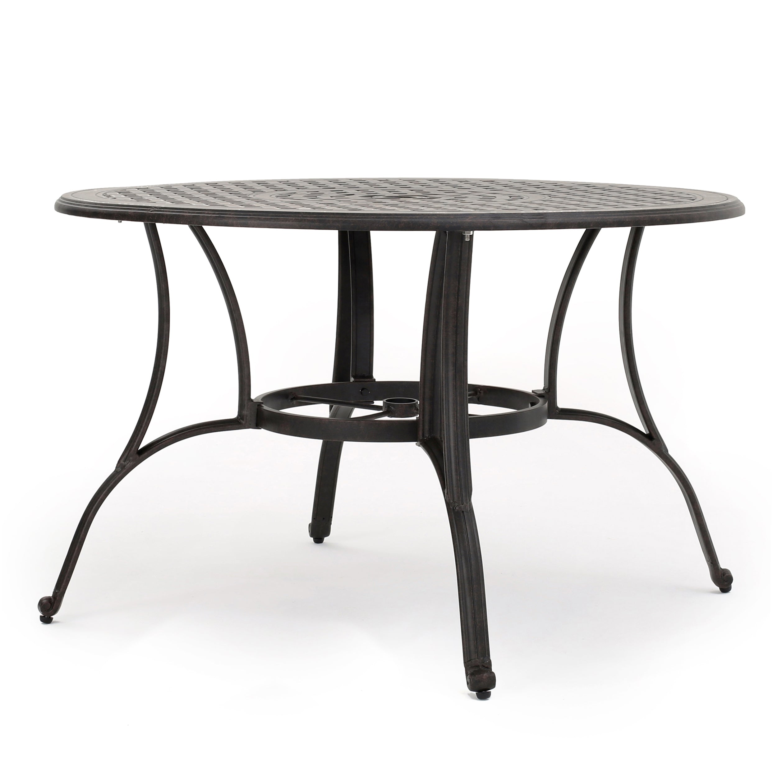 Outdoor cast aluminum circular dining table, bronze