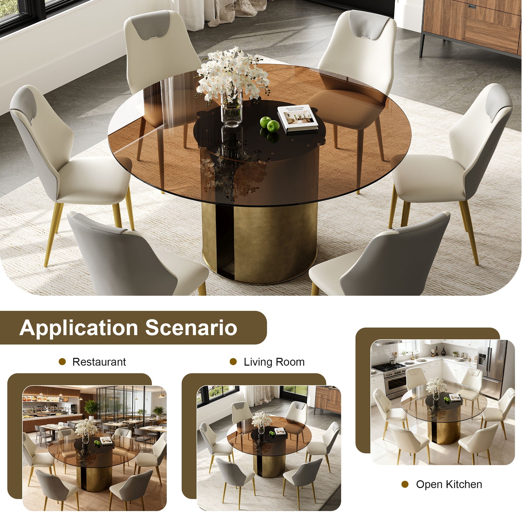 Modern Round Dining Table Set With Glass Top And Steel Legs