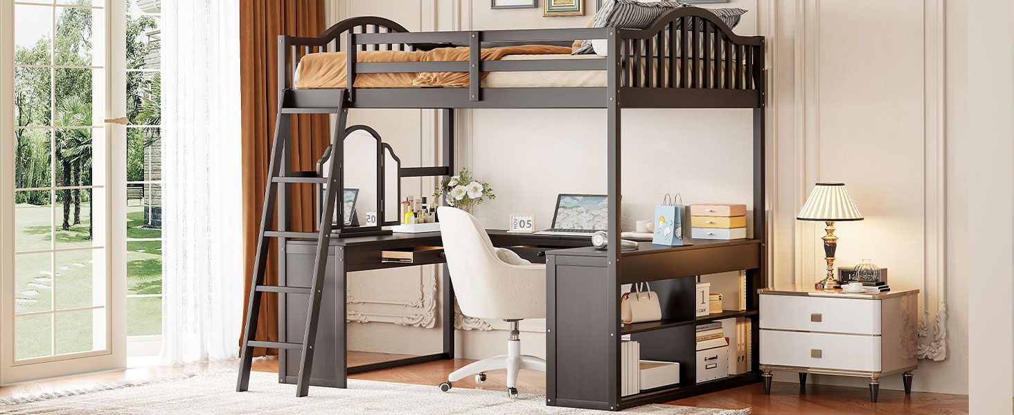 Loft Bed With Drawers, Cabinet, Shelves With Desk