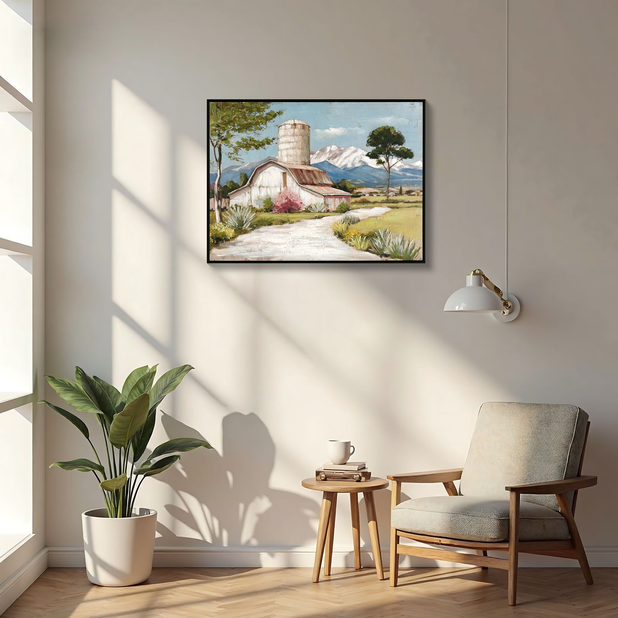 Framed Canvas Wall Art Beautiful Field Painting Wildflower Barn Print Nature Scenery Picture For Home - Blue / Pink