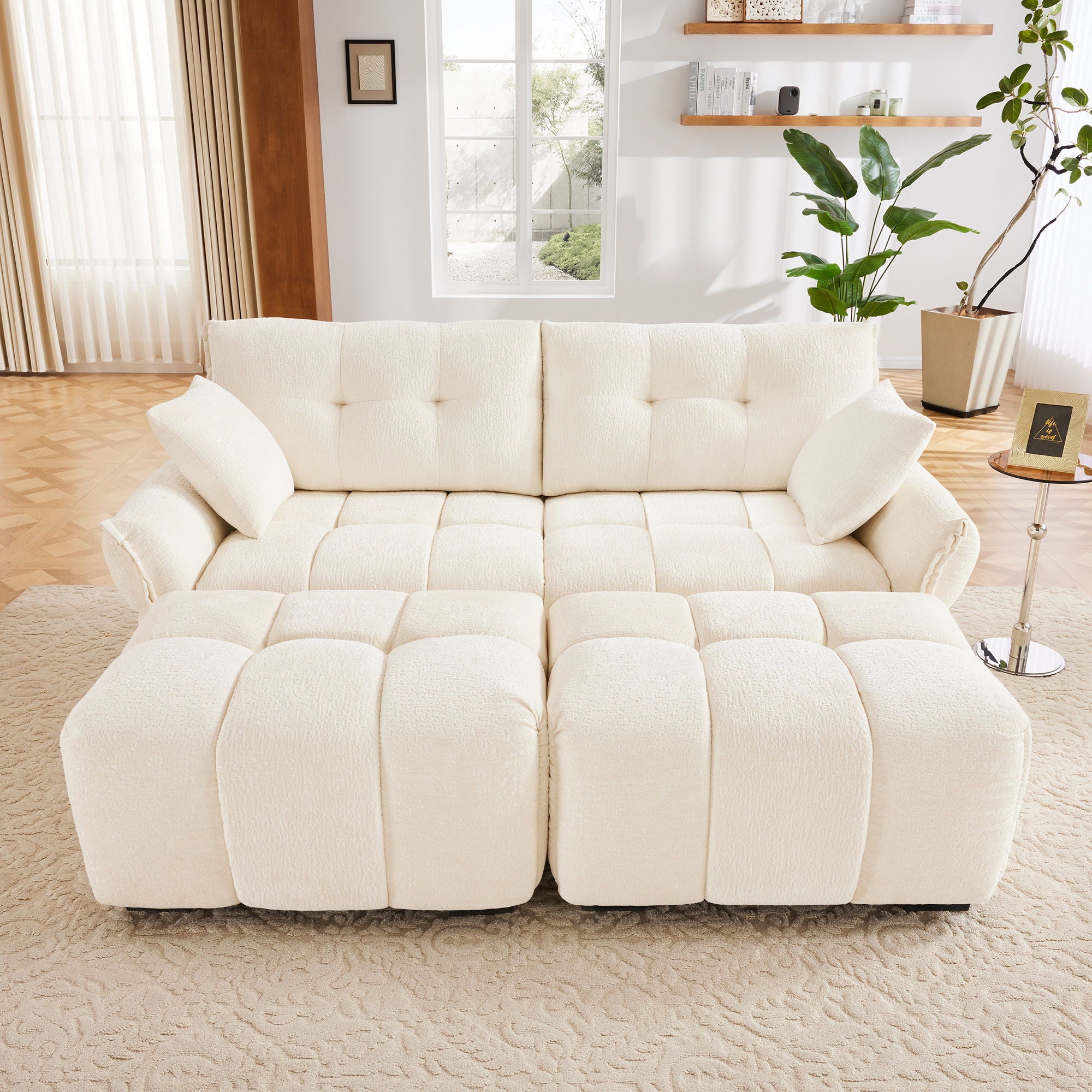 Sofa Set With Ottoman And Pillows, Textured, High Resilience Cushions