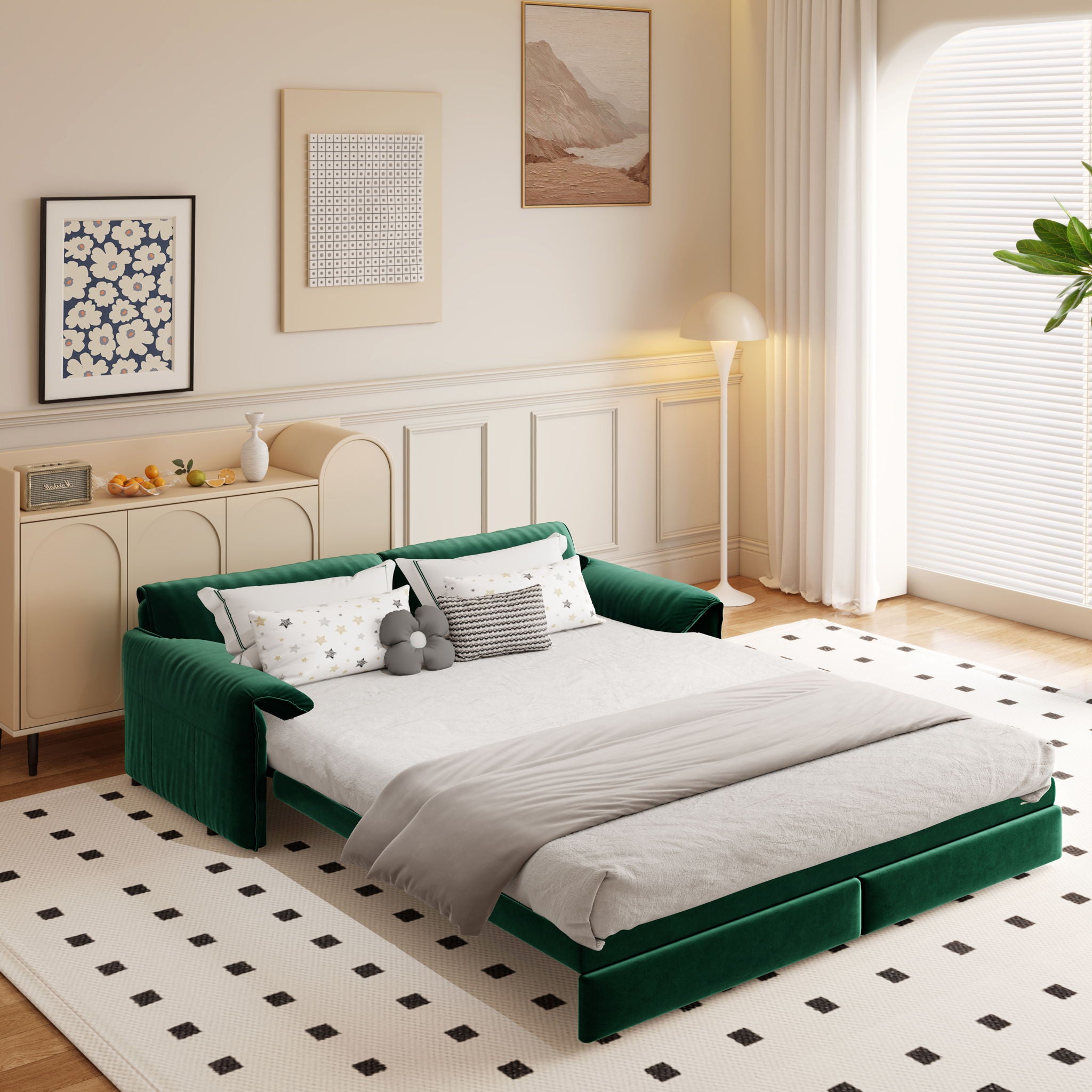 Queen Pull Out Sofa Bed, 3 In 1 Convertible Sleeper Sofa With Side Storage For Living Room - Green