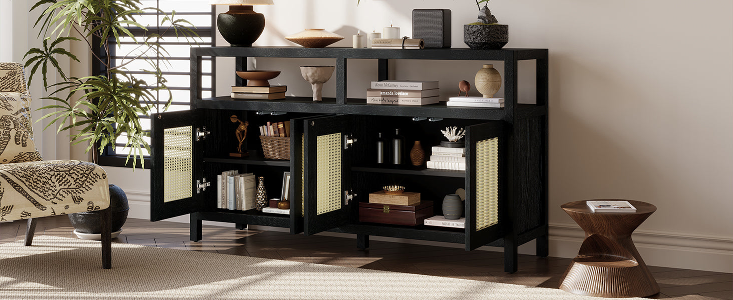 TREXM Bohemian Style Rattan Buffet Storage Cabinet with Solid Wood Frame