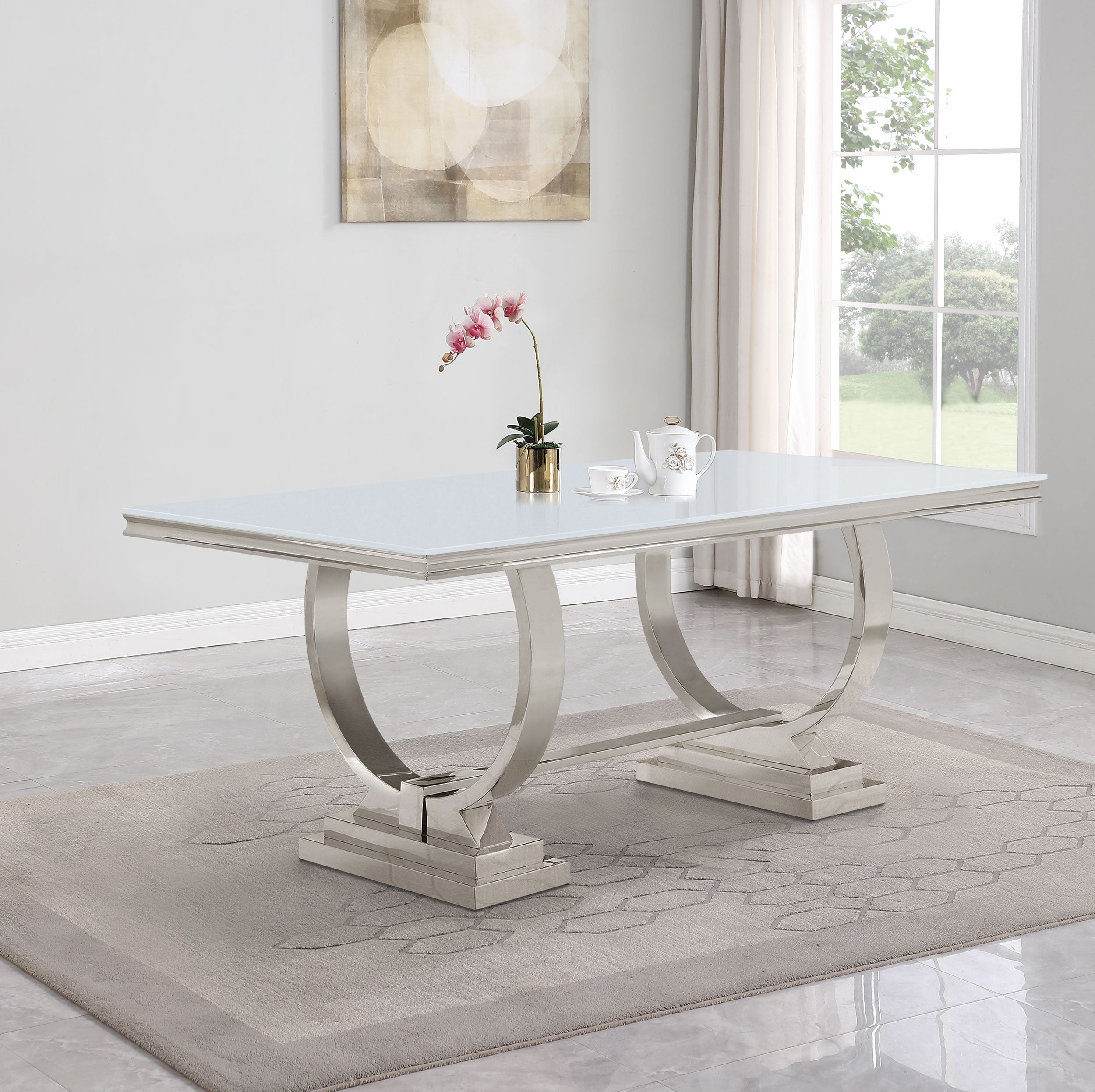 Antoine Rectangular 95-inch Glass Top Dining Table White-CoasterElevations