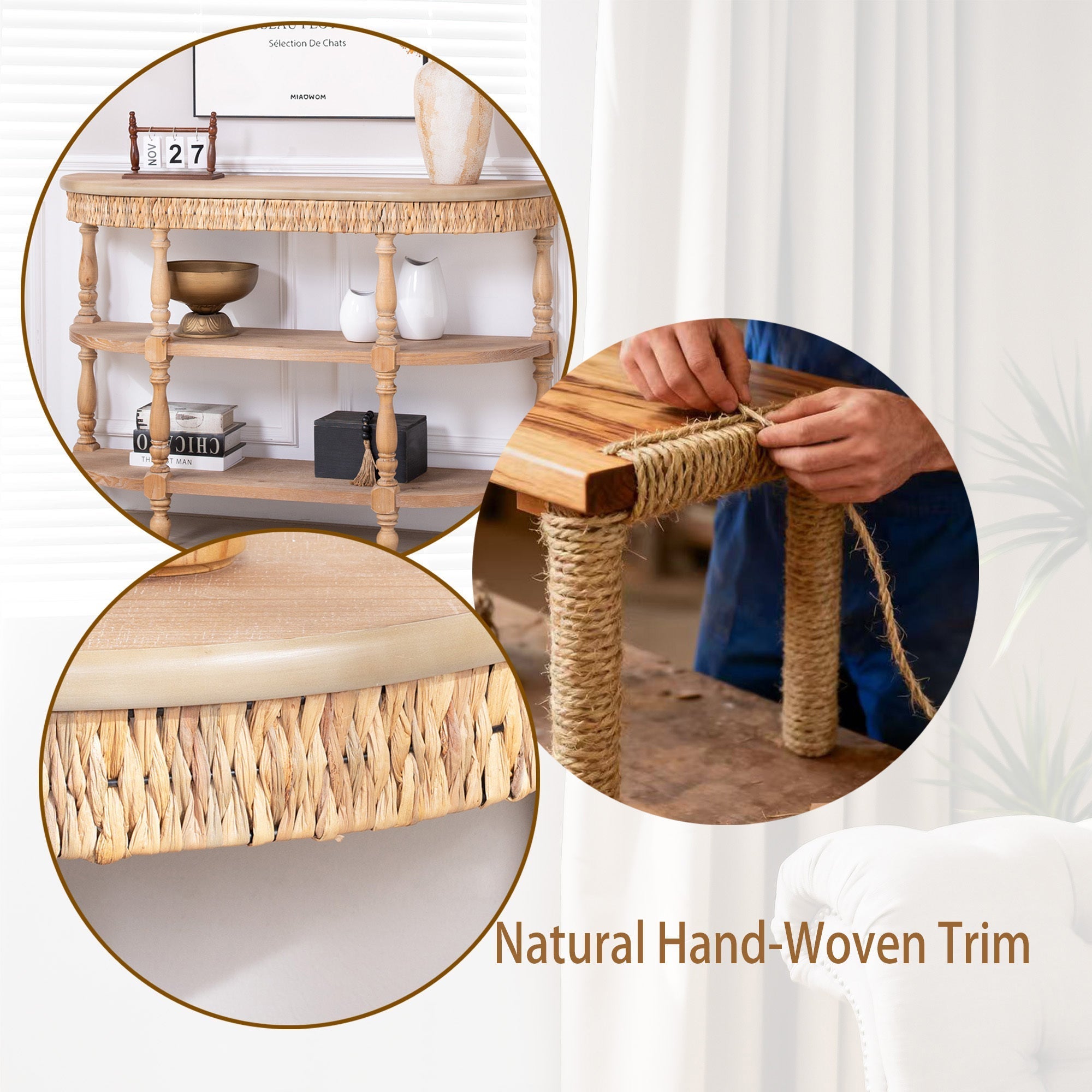 Handcrafted Wood Console Table with Hand-Woven Trim, 3-Tier Storage Shelves, Oval Entryway Table with Carved Legs, Rustic Coastal Farmhouse Accent Table, 49' Hallway Sofa Table