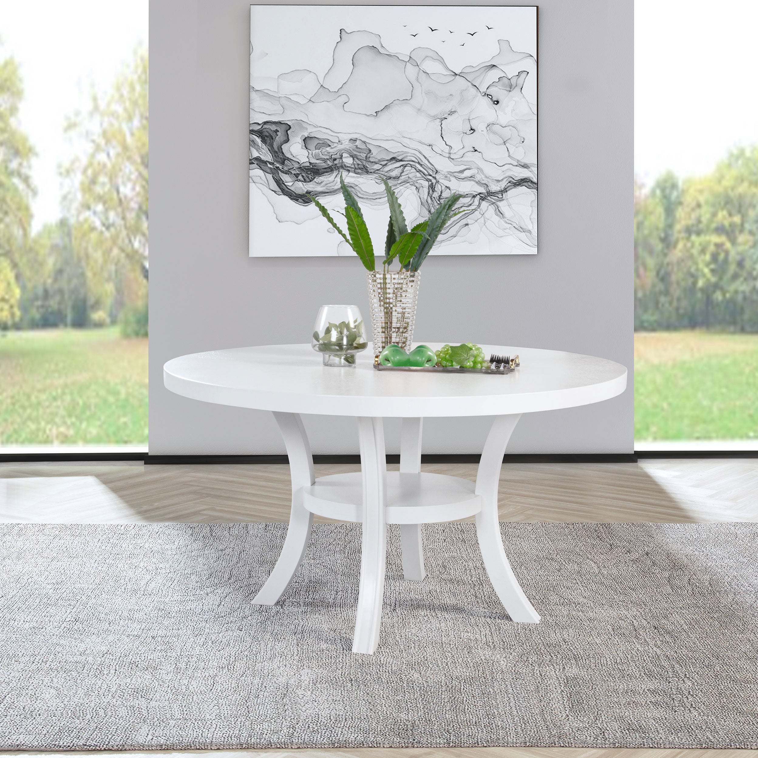 Judd 54-inch Round Dining Wood Table with Shelf Pearl White-