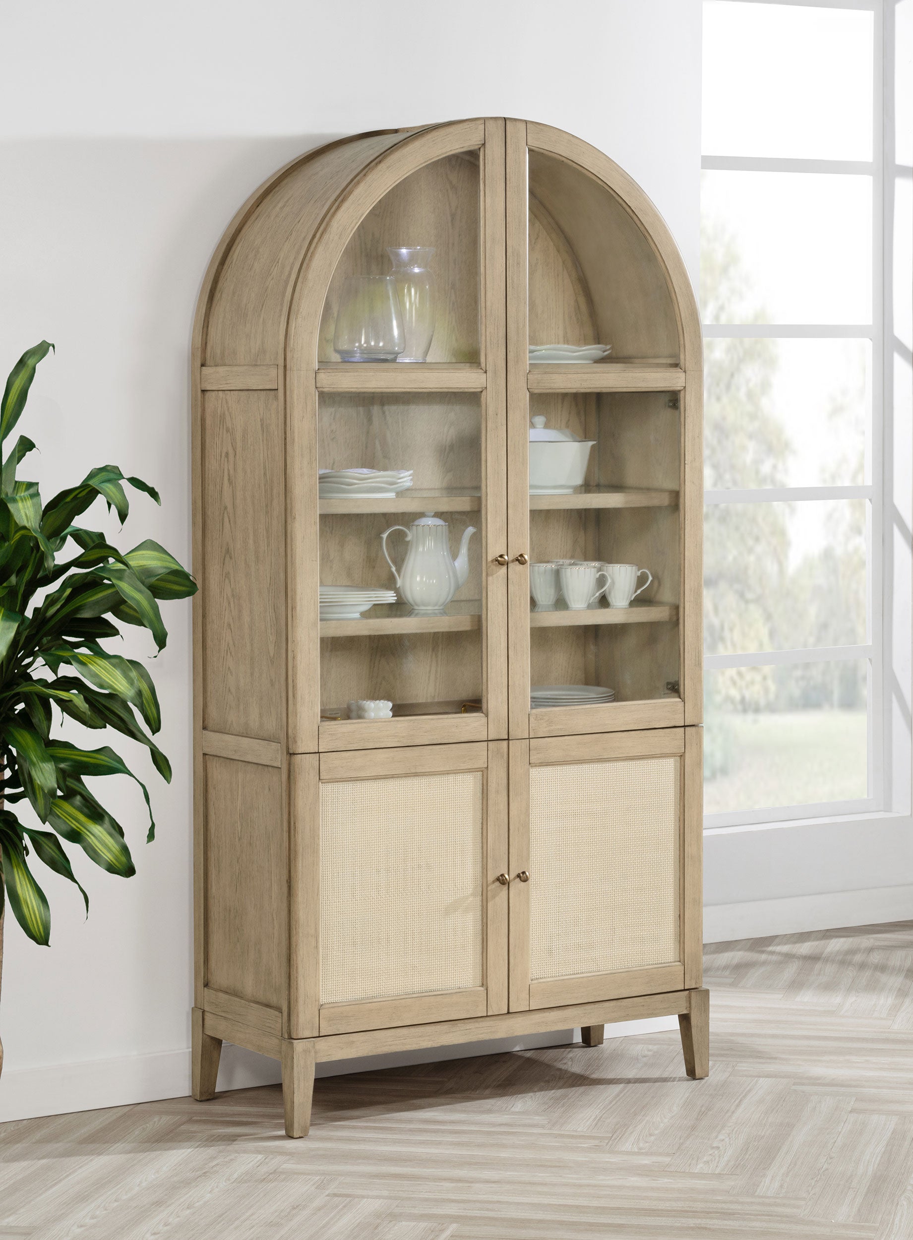 Kailani 4-Door Cane Dining Vitrine Display Cabinet Beige Oak-