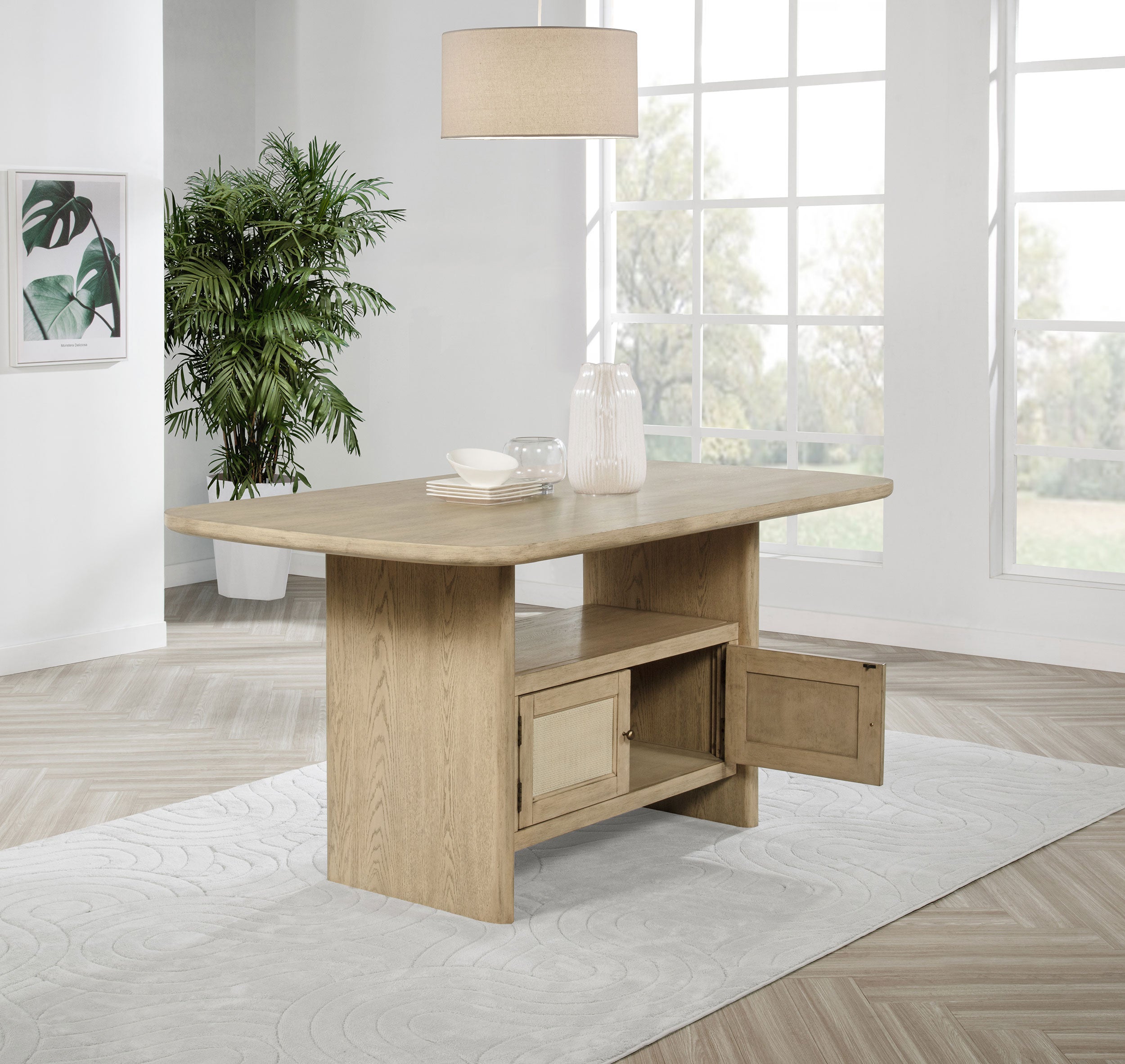 Kailani Cane Counter Height Storage Dining Table Beige Oak-