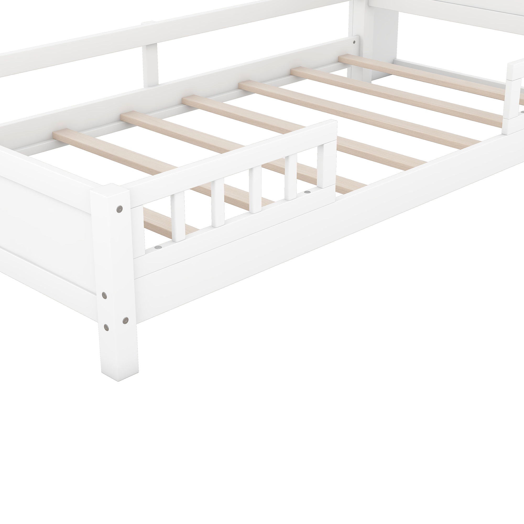 Wood Platform Bed With Built In LED Light, Storage Headboard And Guardrail