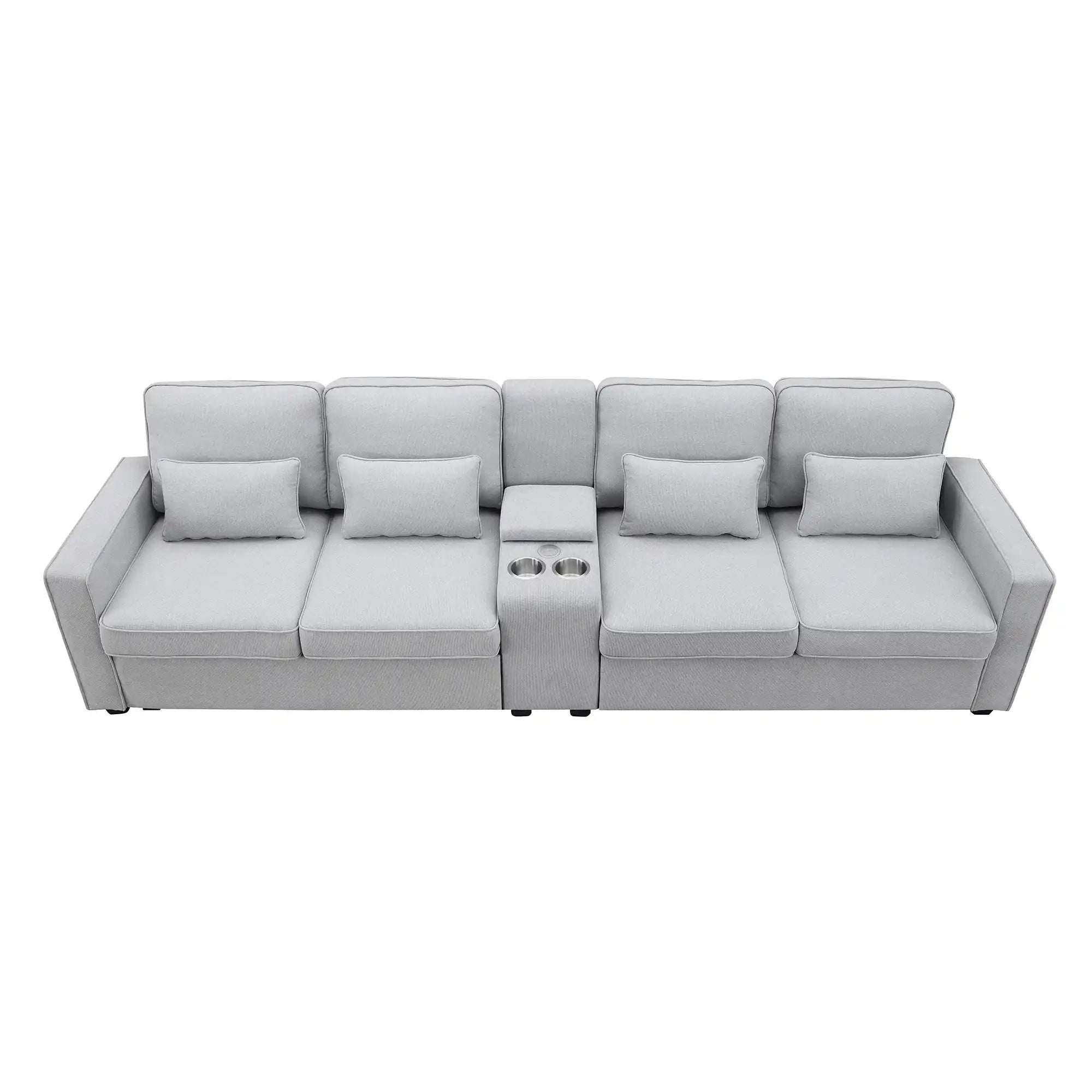 114.2" Modern Upholstered Sofa with Console, 4 Seats, Linen Fabric - Best Buy Furniture