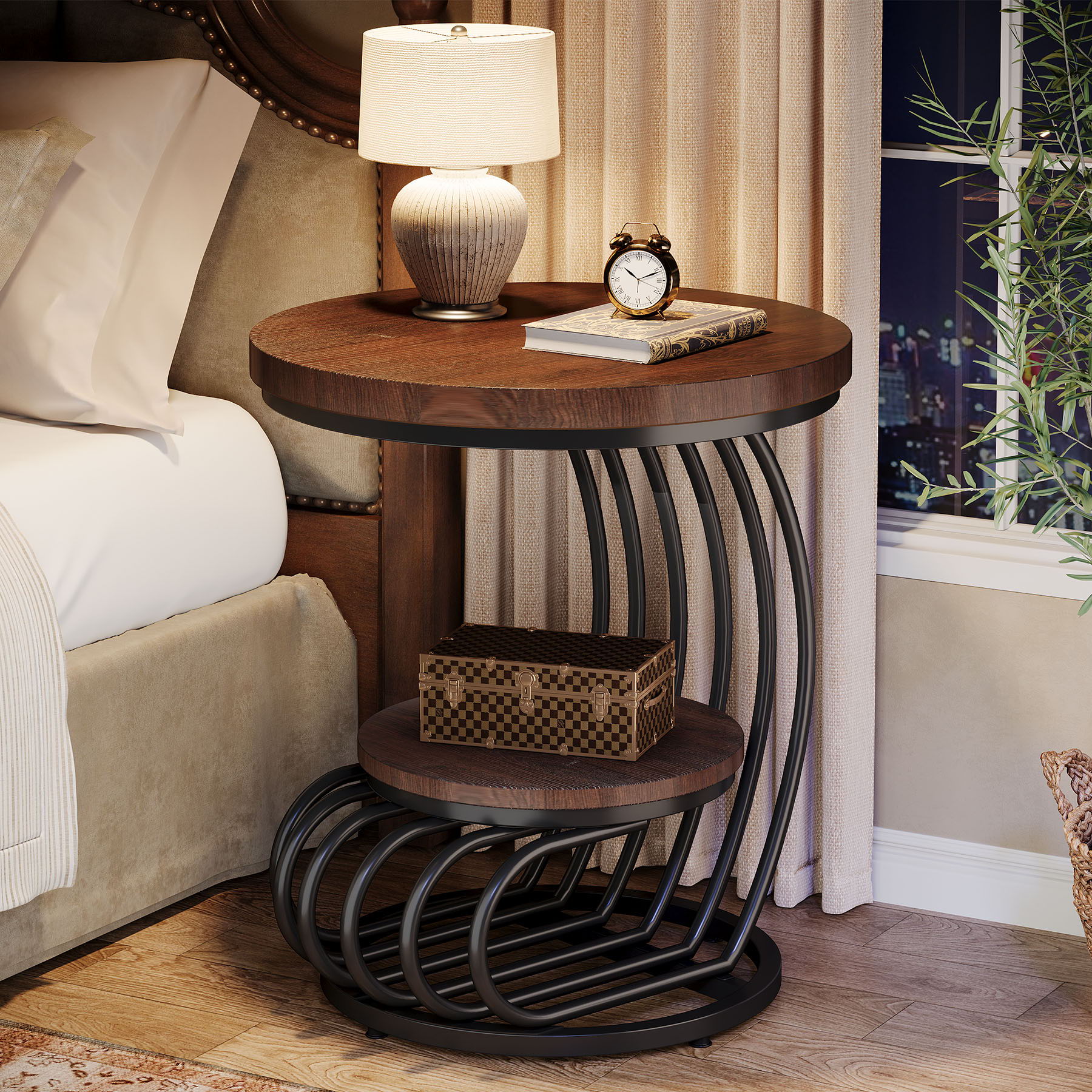 Round Vintage End Table With 2 Tier Storage