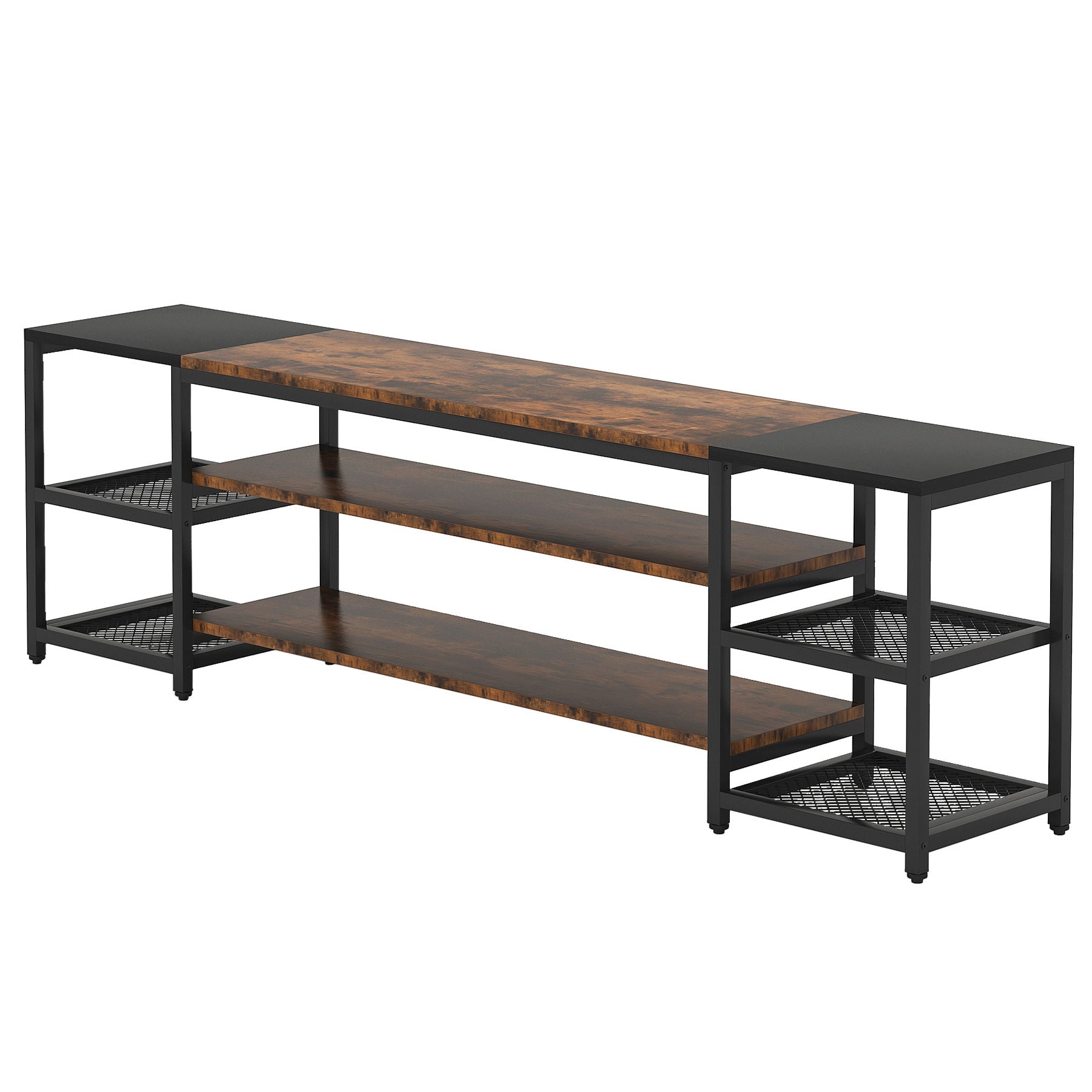 TV Stand For TVs, Extra Long With 3 Tier Ventilated Shelves - Rustic Brown