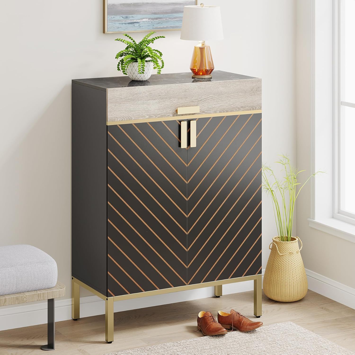 4 Tier Entryway Shoe Cabinet With Doors - Gray / Gold