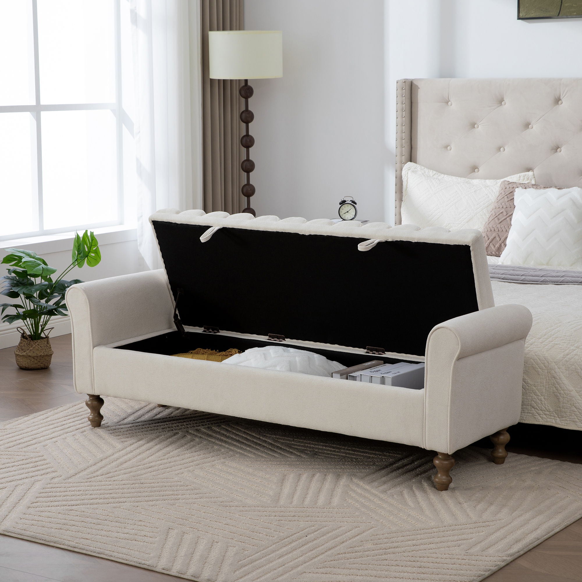 Wide Modern Upholstered Storage Bench With Rolled Armrest