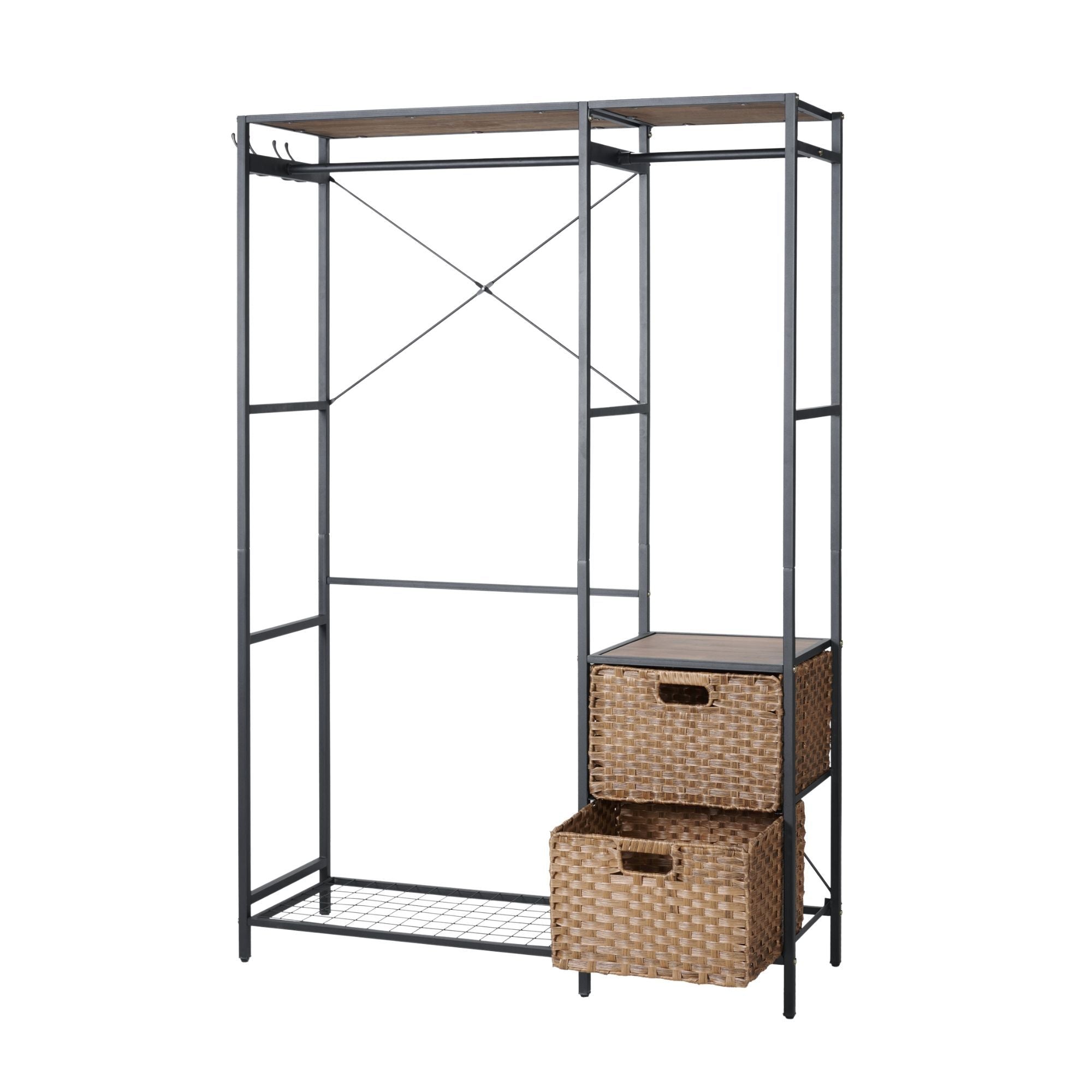 Garment Rack With Shelves, 2 Wicker Drawers, 4 Hooks, Organizer