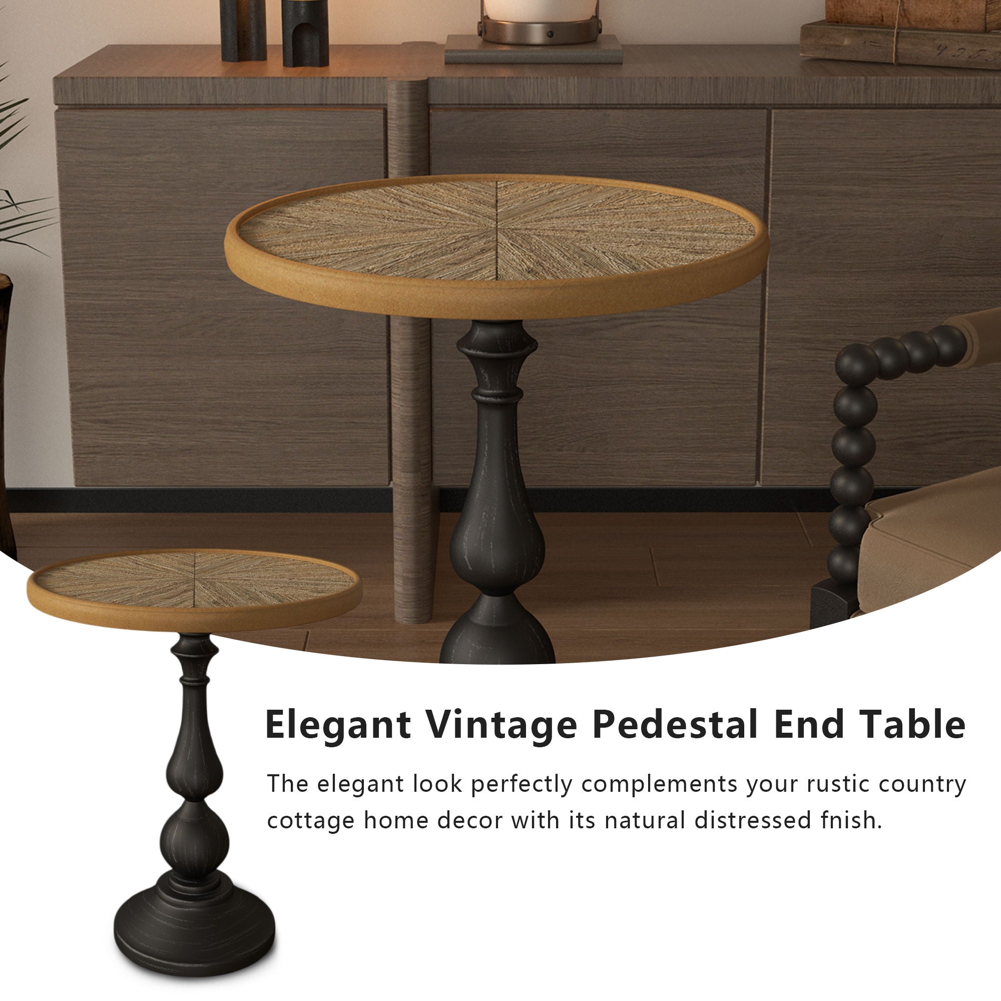 Round End Table With Pedestal Base - Natural Wood