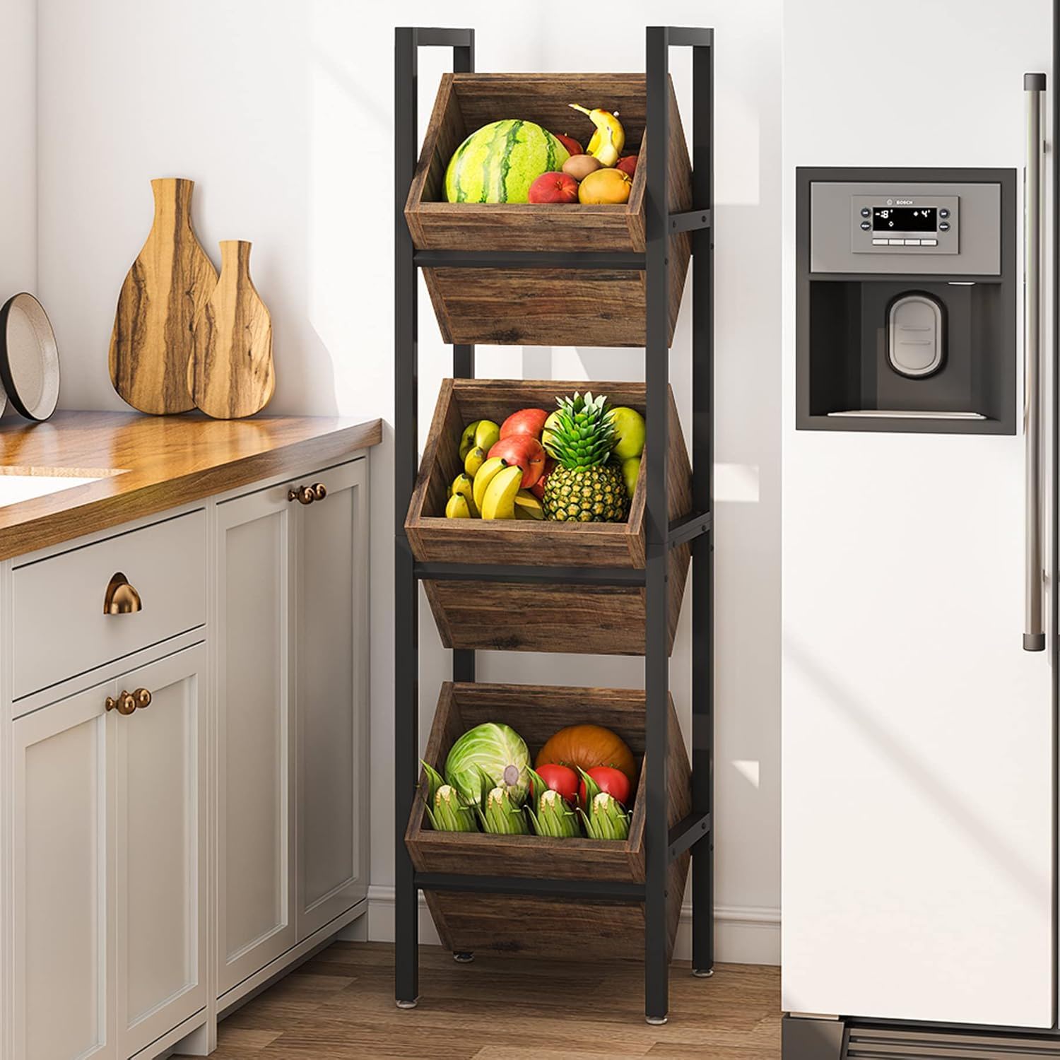 3 Tier Basket Stand With Angled Baskets, Vertical Storage Tower For Kitchen - Black