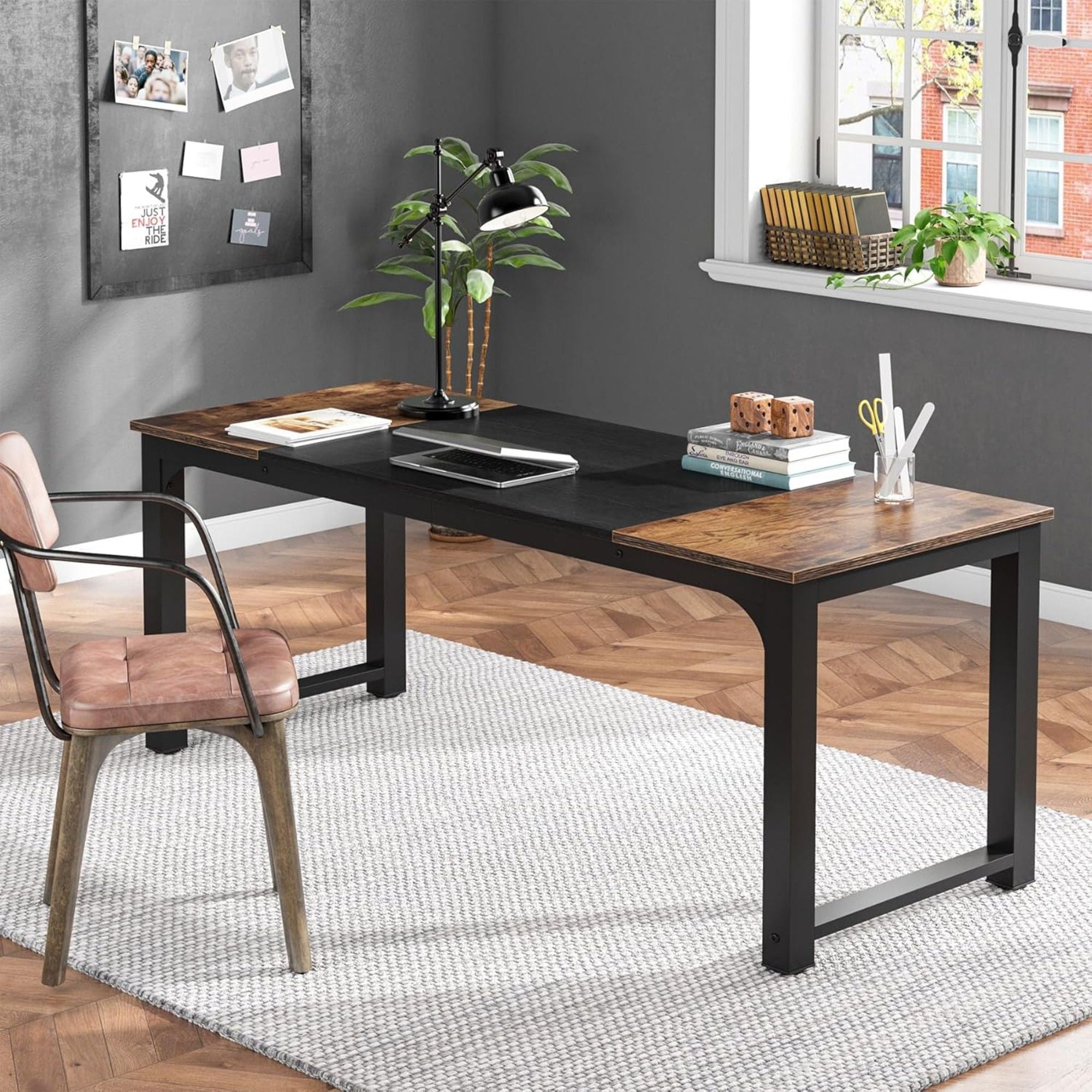 Executive Office Desk, Large Computer Workstation With Thick Frame - Brown / Black