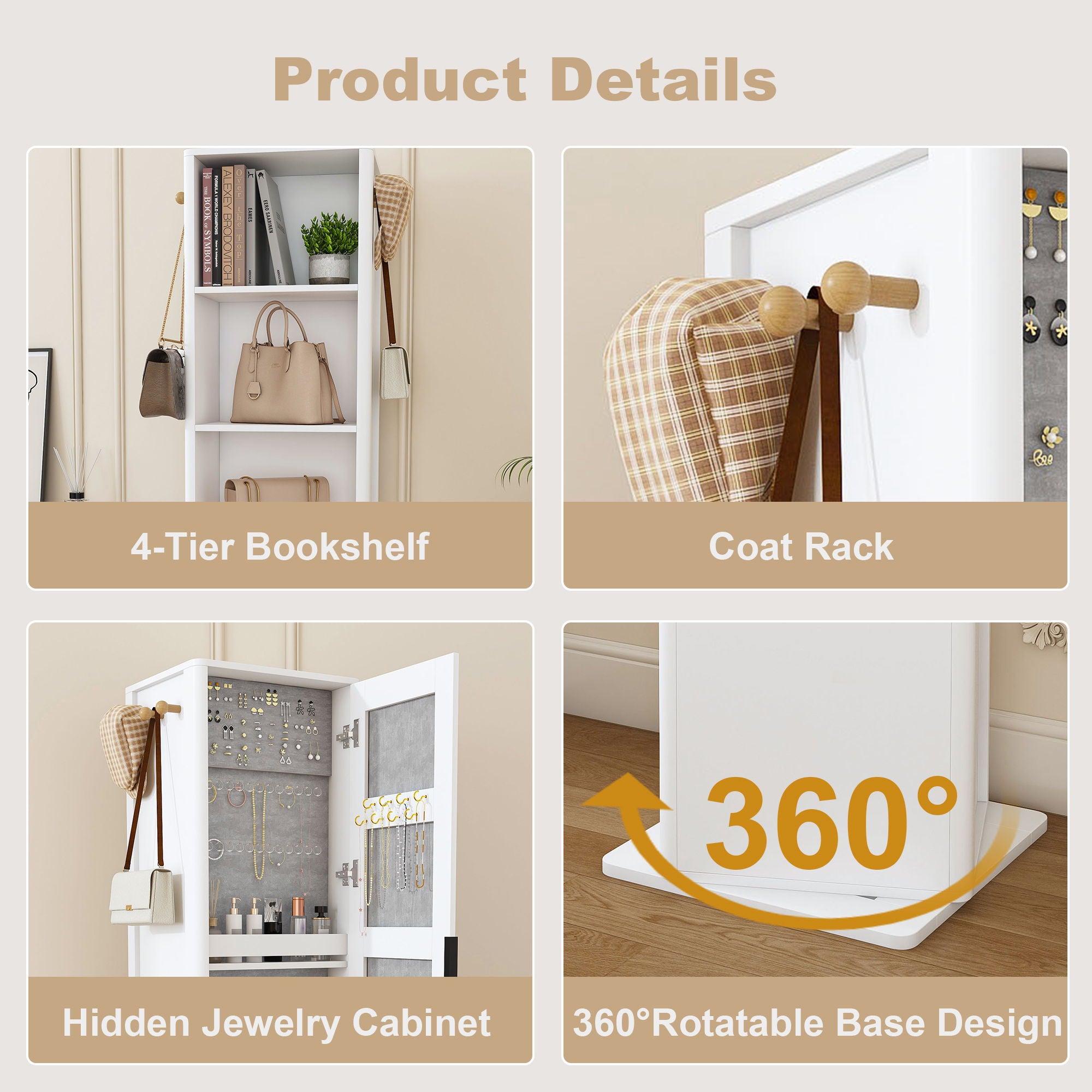 360 Degrees Rotating Makeup Cabinet With Full-Length Mirror, Jewelry Storage