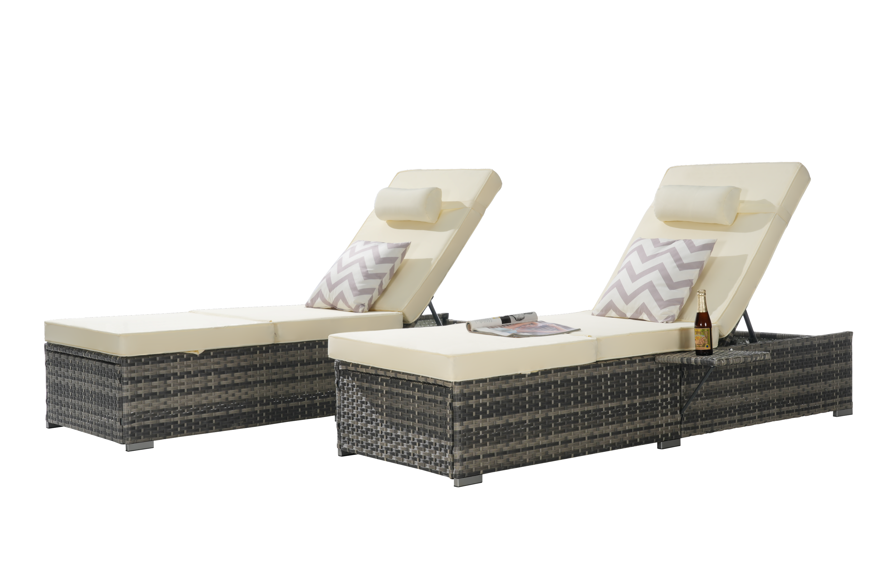 Outdoor Chaise Lounge Chair Set of 2 with Storage Patio Pool Chairs Tanning Lounges for Outside,Beach Rattan Recliners with Adjustable Backrest, Table, Cushion for Poolside Backyard Garden