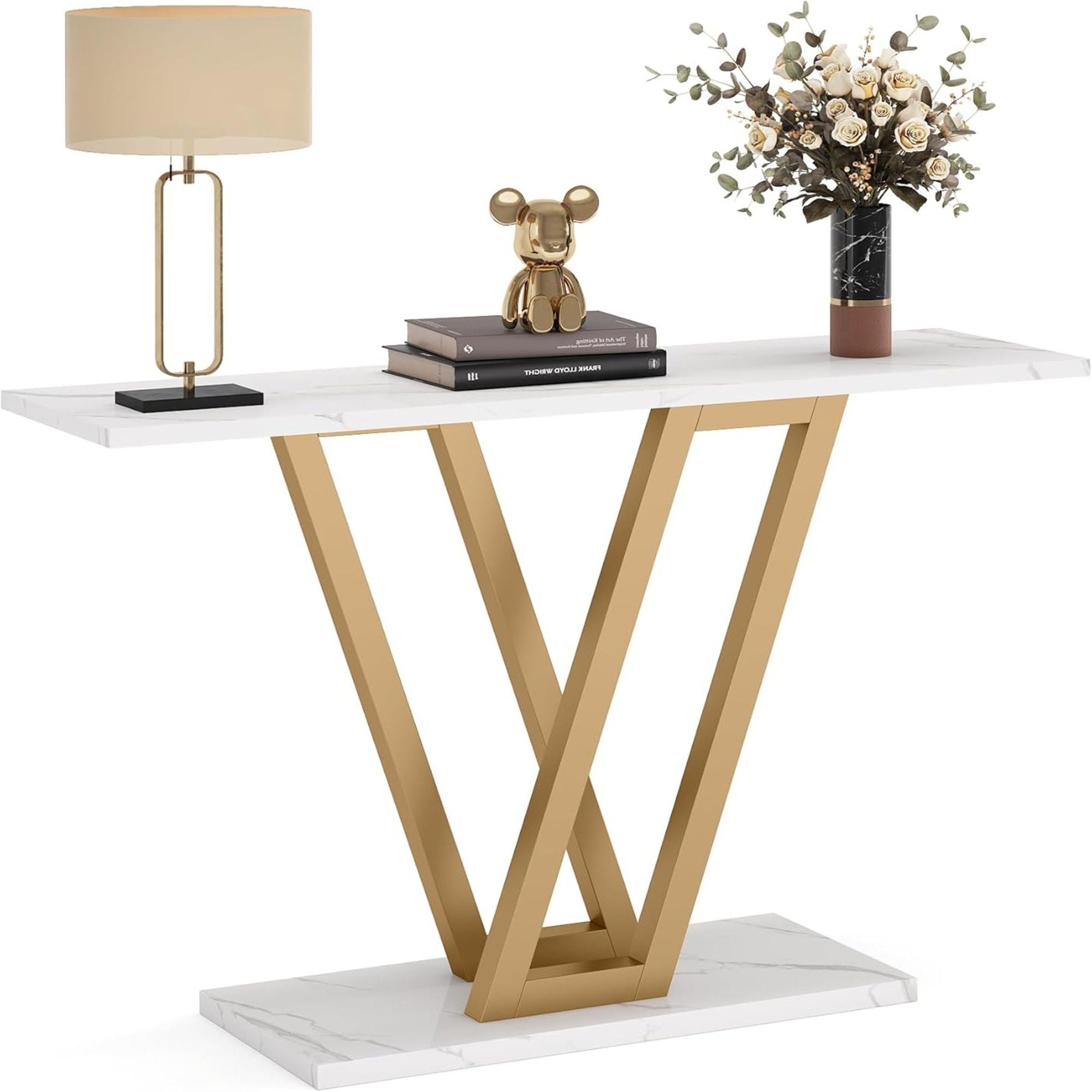 Console Table With Top With V Leg Frame For Hallway, Living Room - White / Gold