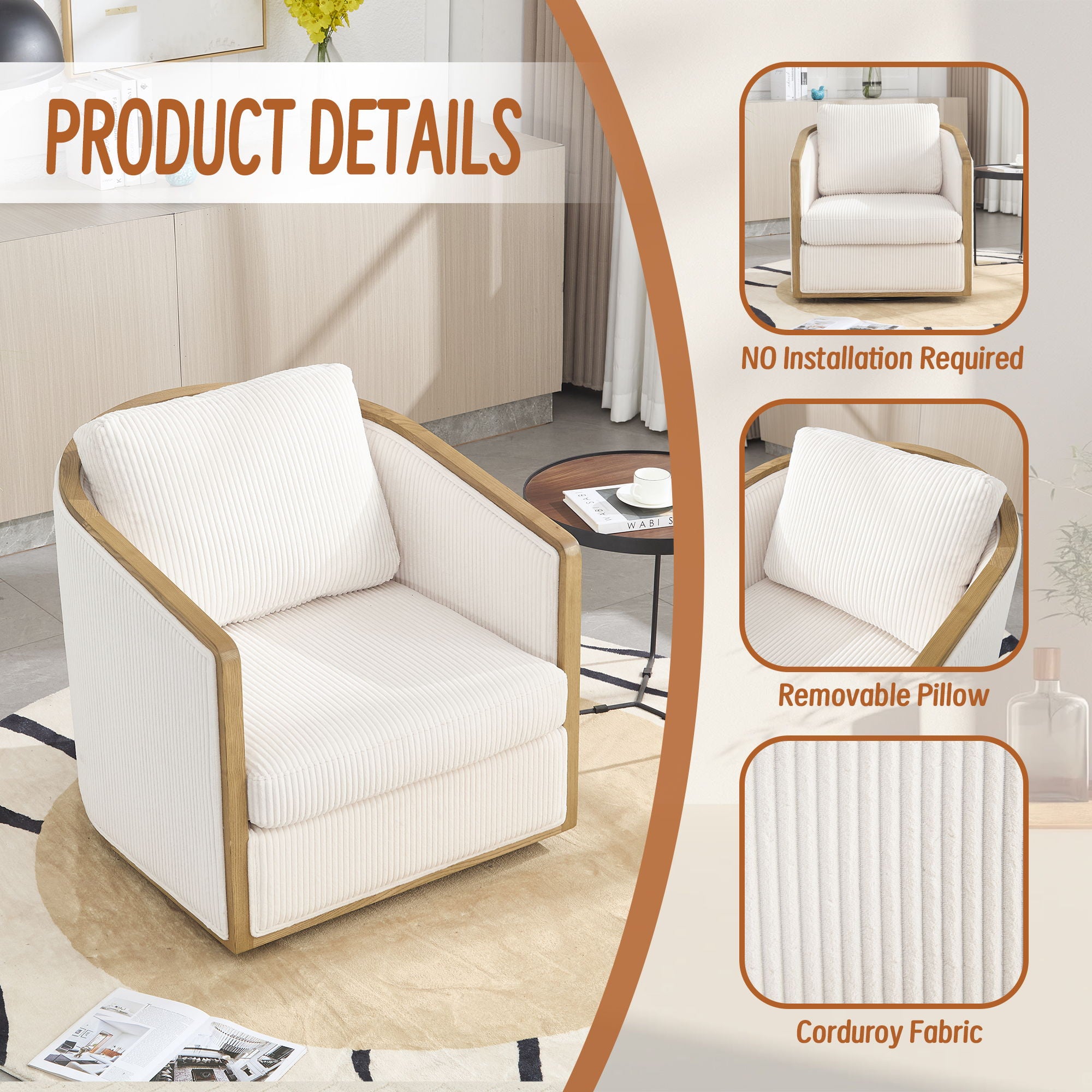 Corduroy Barrel Chair, 360 Degree Swivel