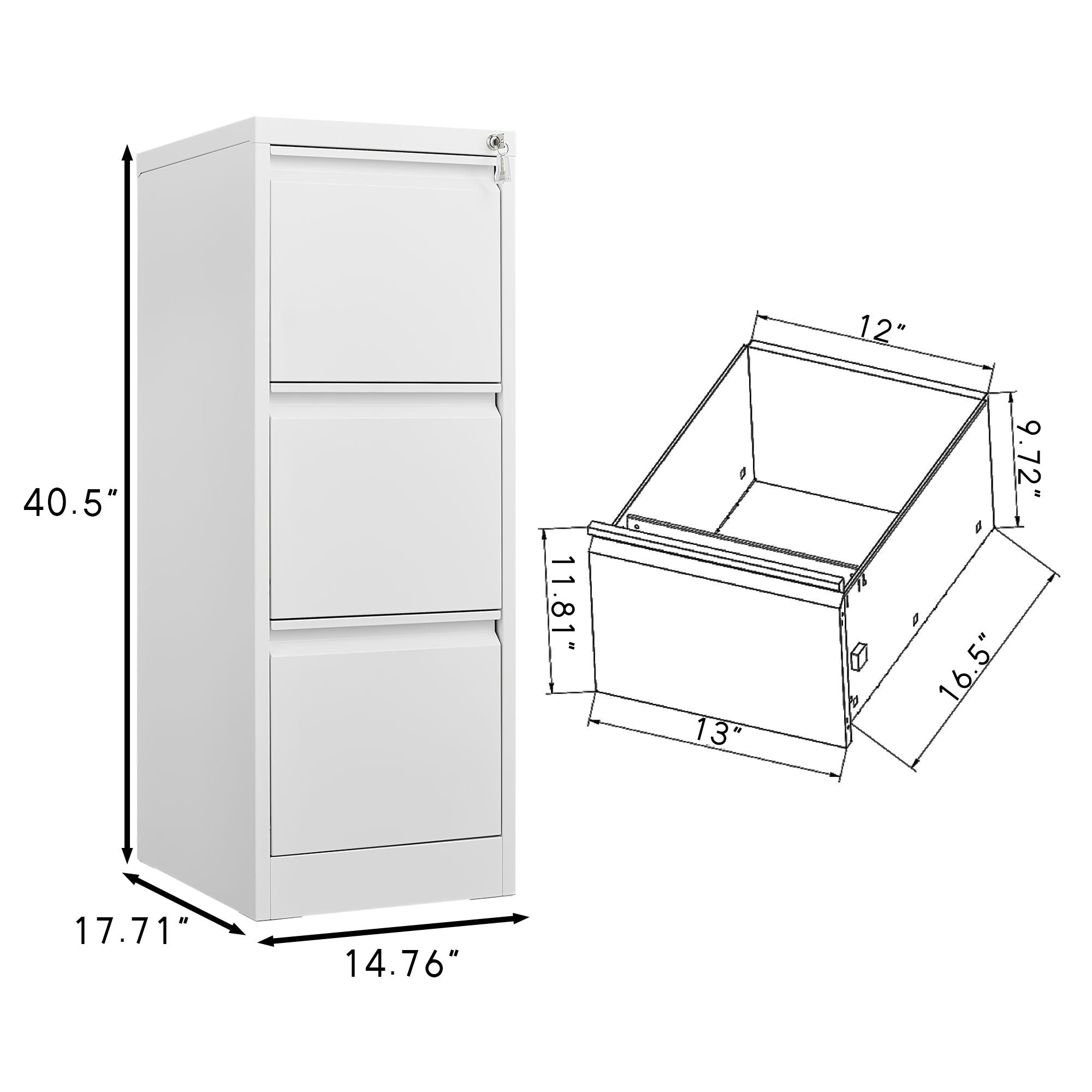 Durable Metal 3 Drawer File Cabinet With Lock For Office Storage