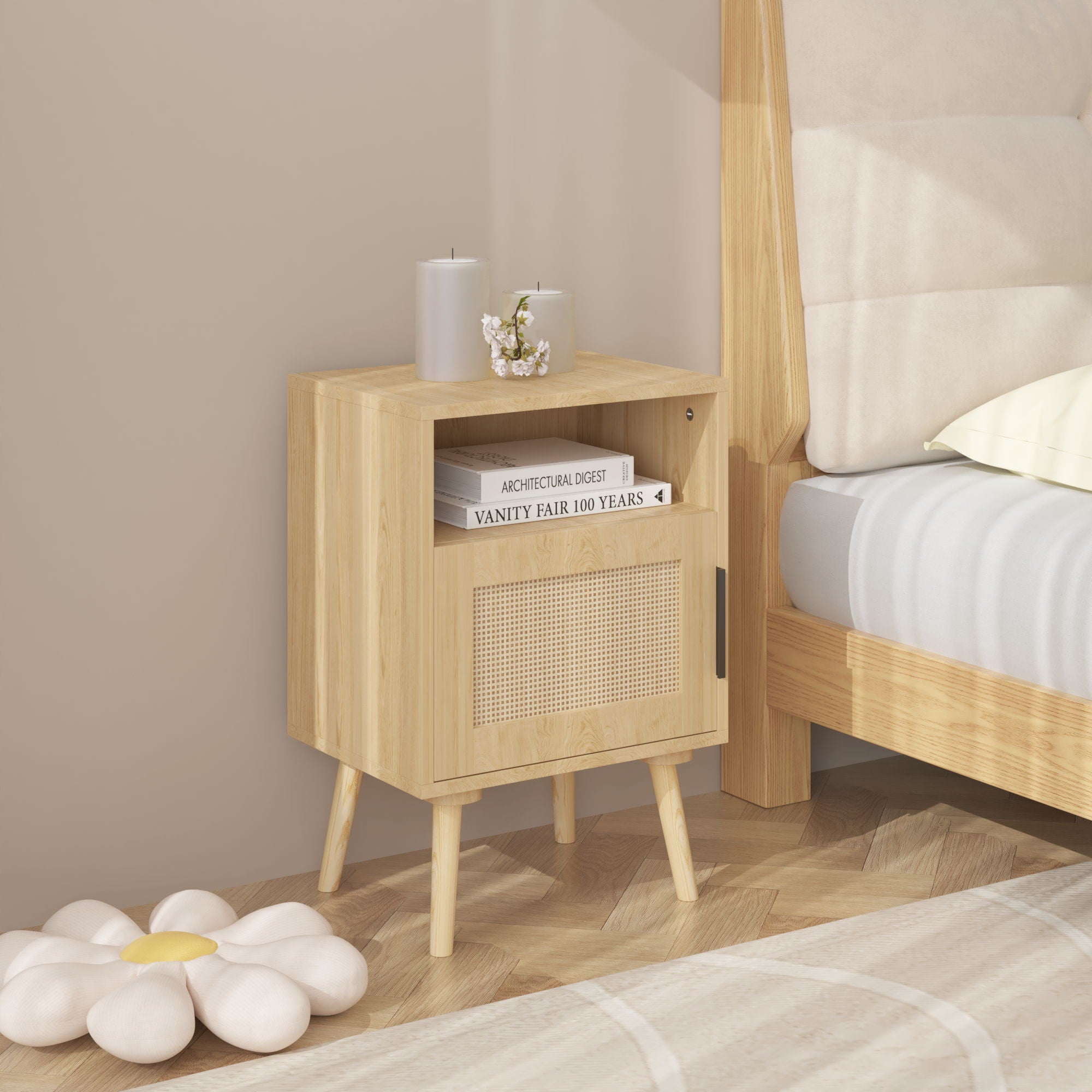 Nightstand, Side Table With Door And Open Shelf For Bedroom - Oak