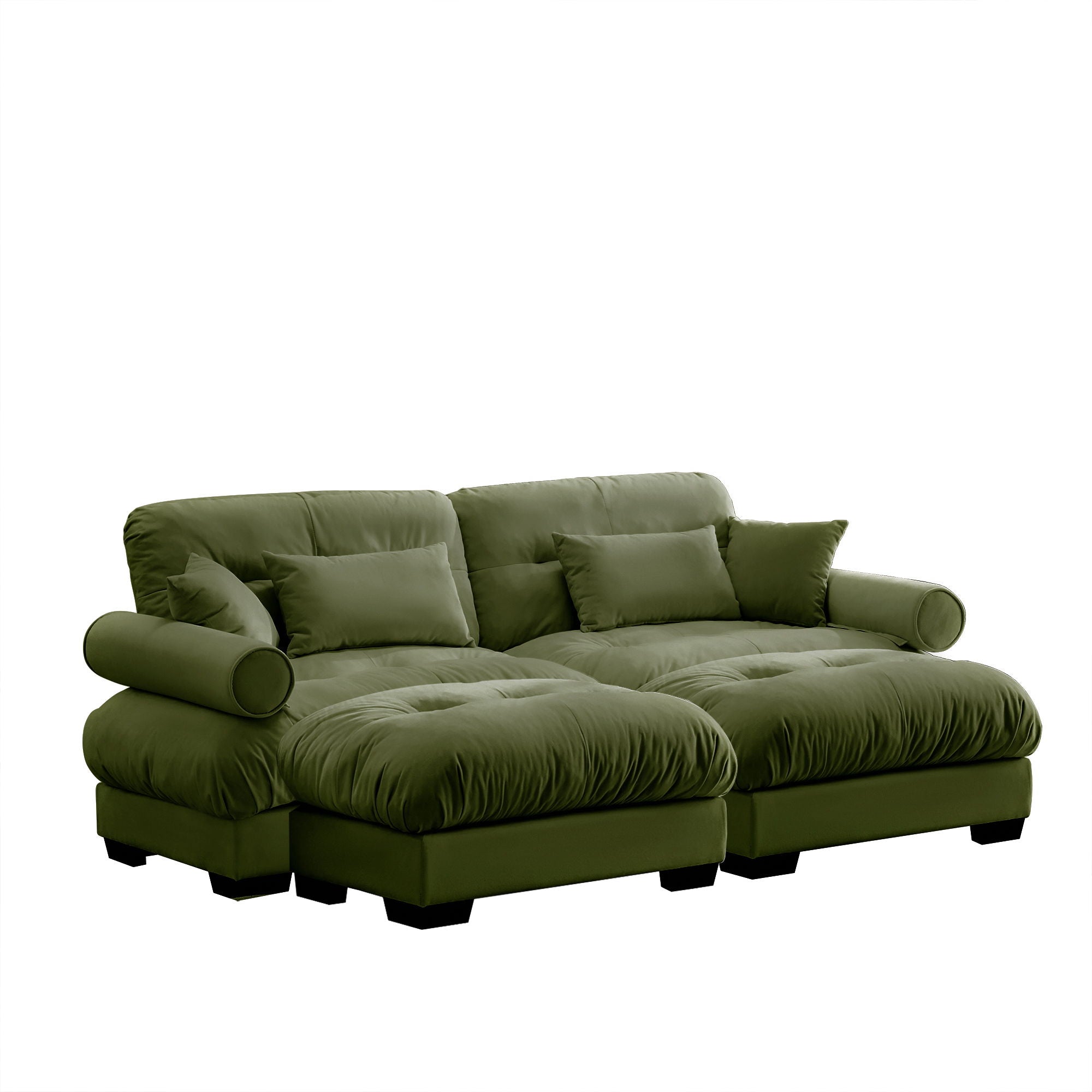 Modern Sectional Sofa With Ottoman, Round Bolster Armrests, Waist And Throw Pillows