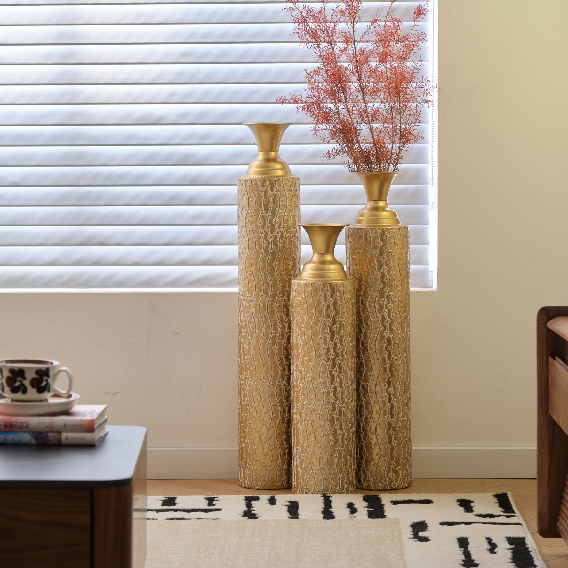 Metal Decorative Vases High Distress Metal Center Vases With Growing Vine Patterns, (Set of 3) Vases For Home Decoration - Gold - Best Buy Furniture