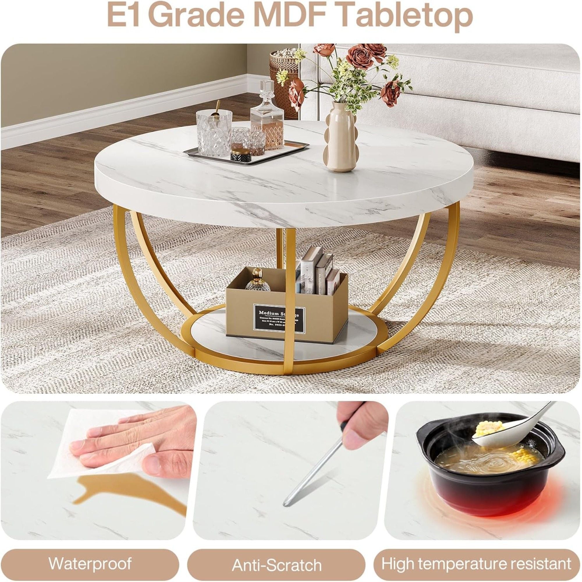 2 Tier Circle Coffee Table With Storage Shelves