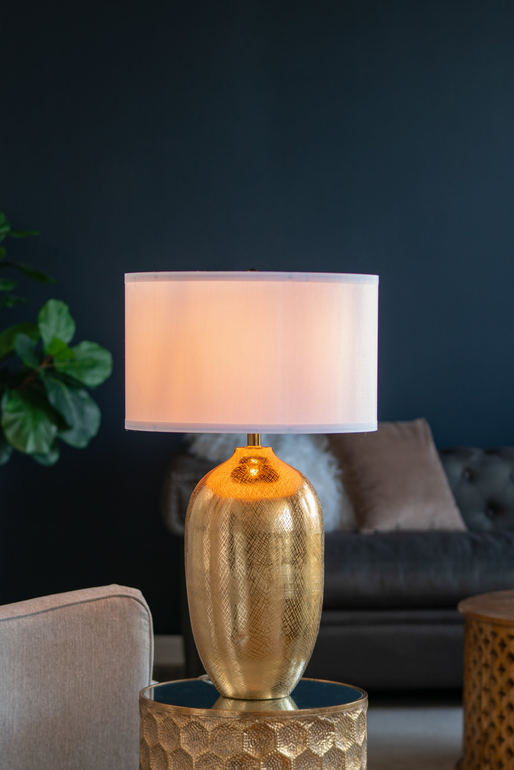 D18x31" Round Aluminum Sheet Gold Table Lamp with White Fabric Shade