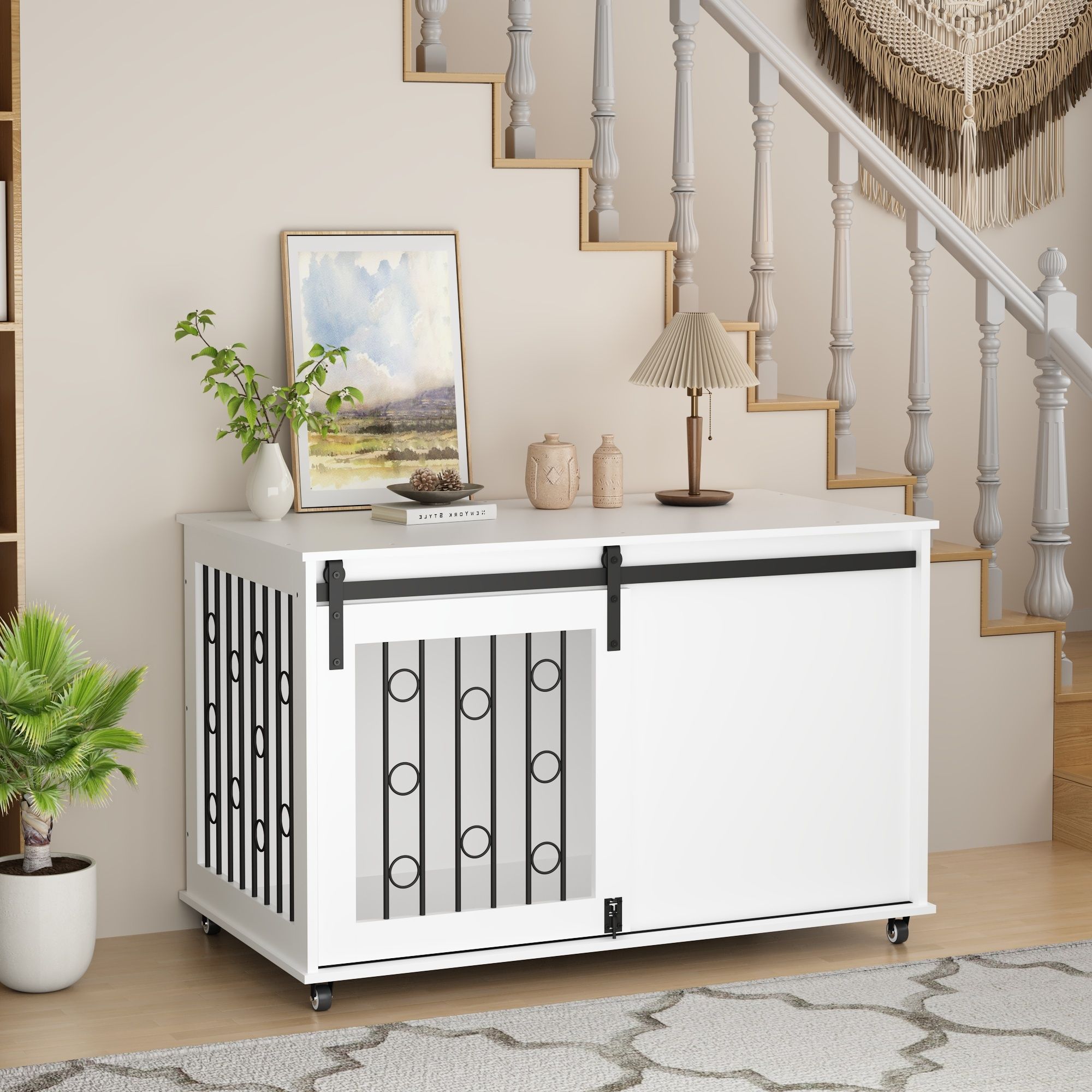 Dog Crate With Sliding Barn Door And Side Access, Lockable Wheels For Small To Medium Dogs - White