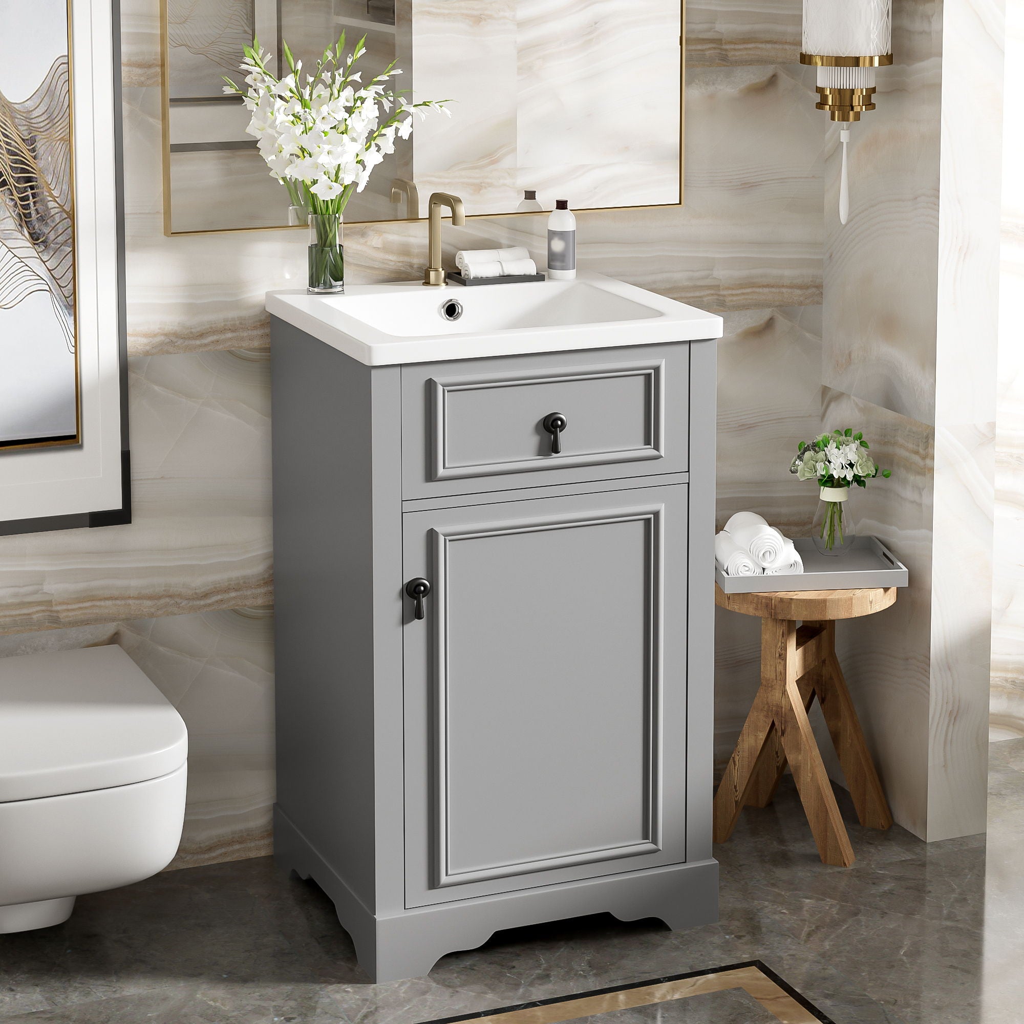 Bathroom Vanity With Ceramic Sink, Soft Close Door, Adjustable Shelf, And Storage Rack - Gray