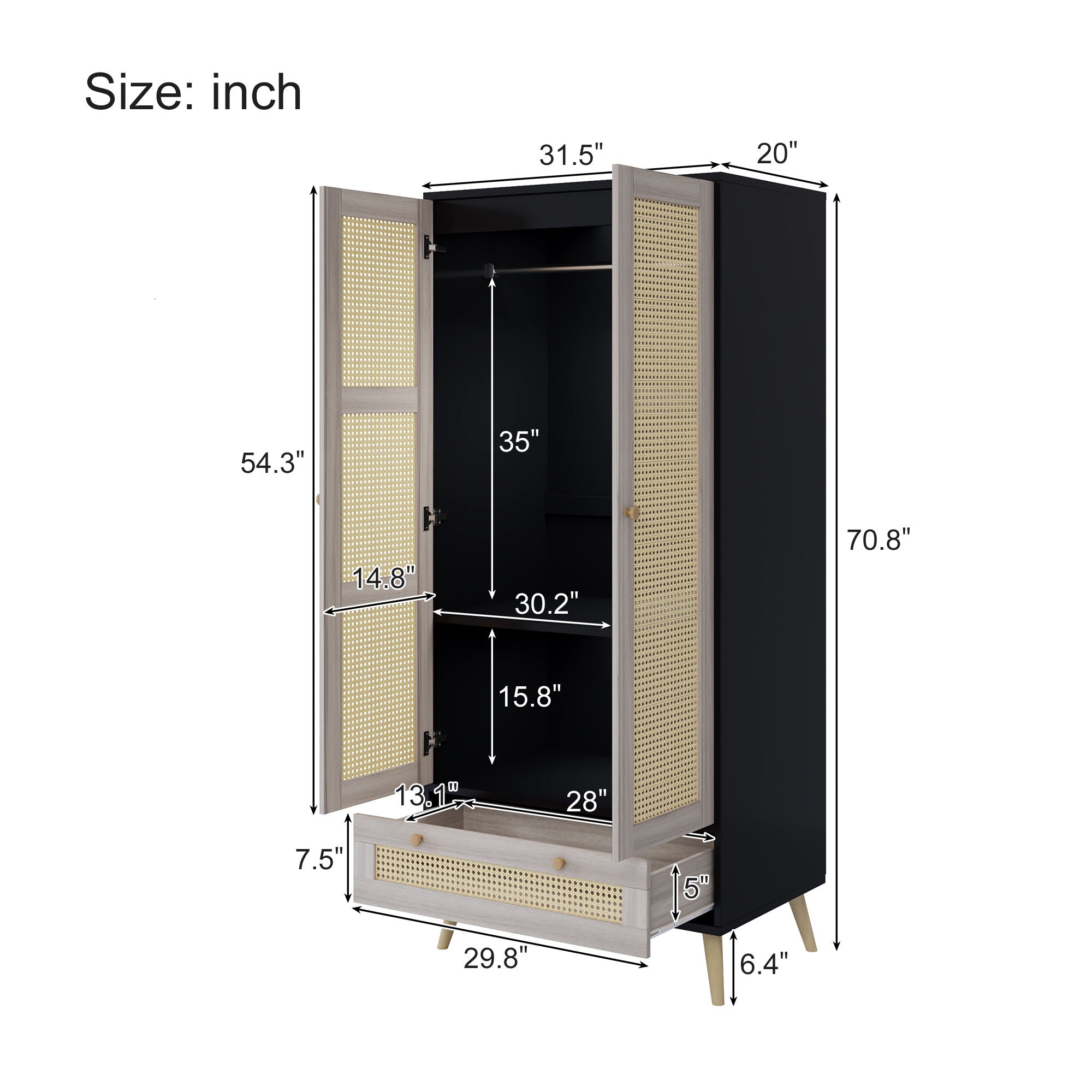 Tall Armoire Wardrobe Closet With 2 Rattan Doors & 1 Drawer, Boho Clothes Storage Cabinet With Hanging Rod For Bedroom - Natural / Black