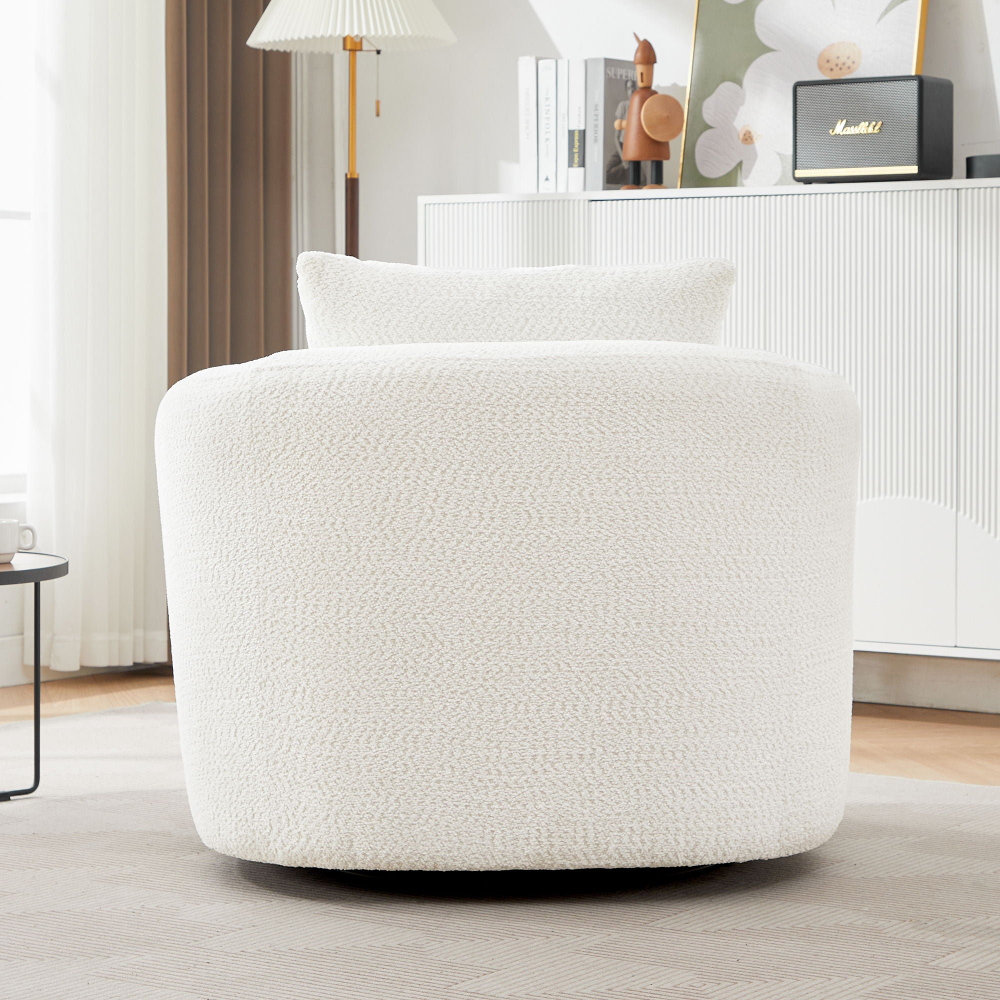 360° Swivel Barrel Sofa Chair With Throw Pillow, Chenille Upholstered Accent Chair