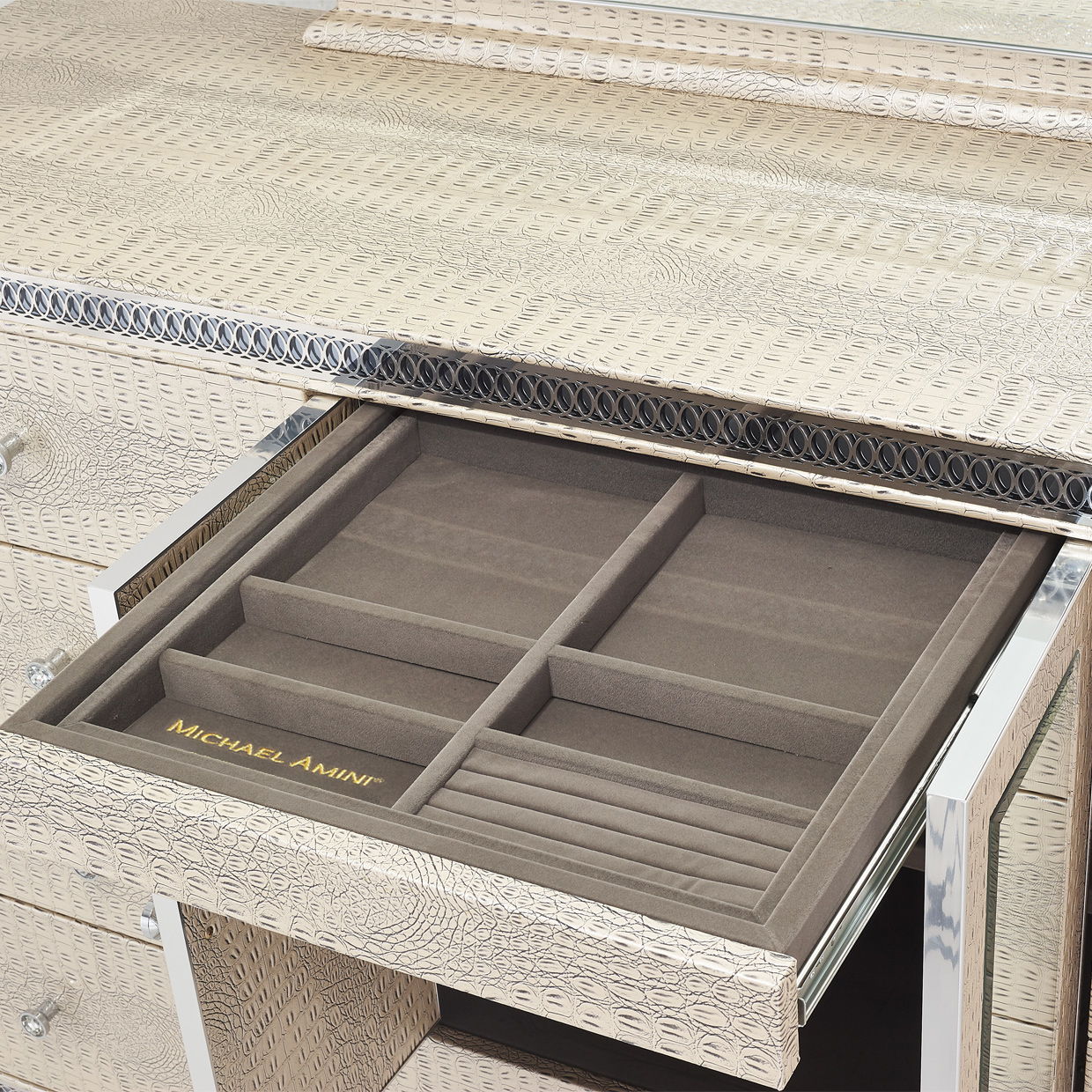 Hollywood Swank - Upholstered Dresser With Mirror - Crystal Croc