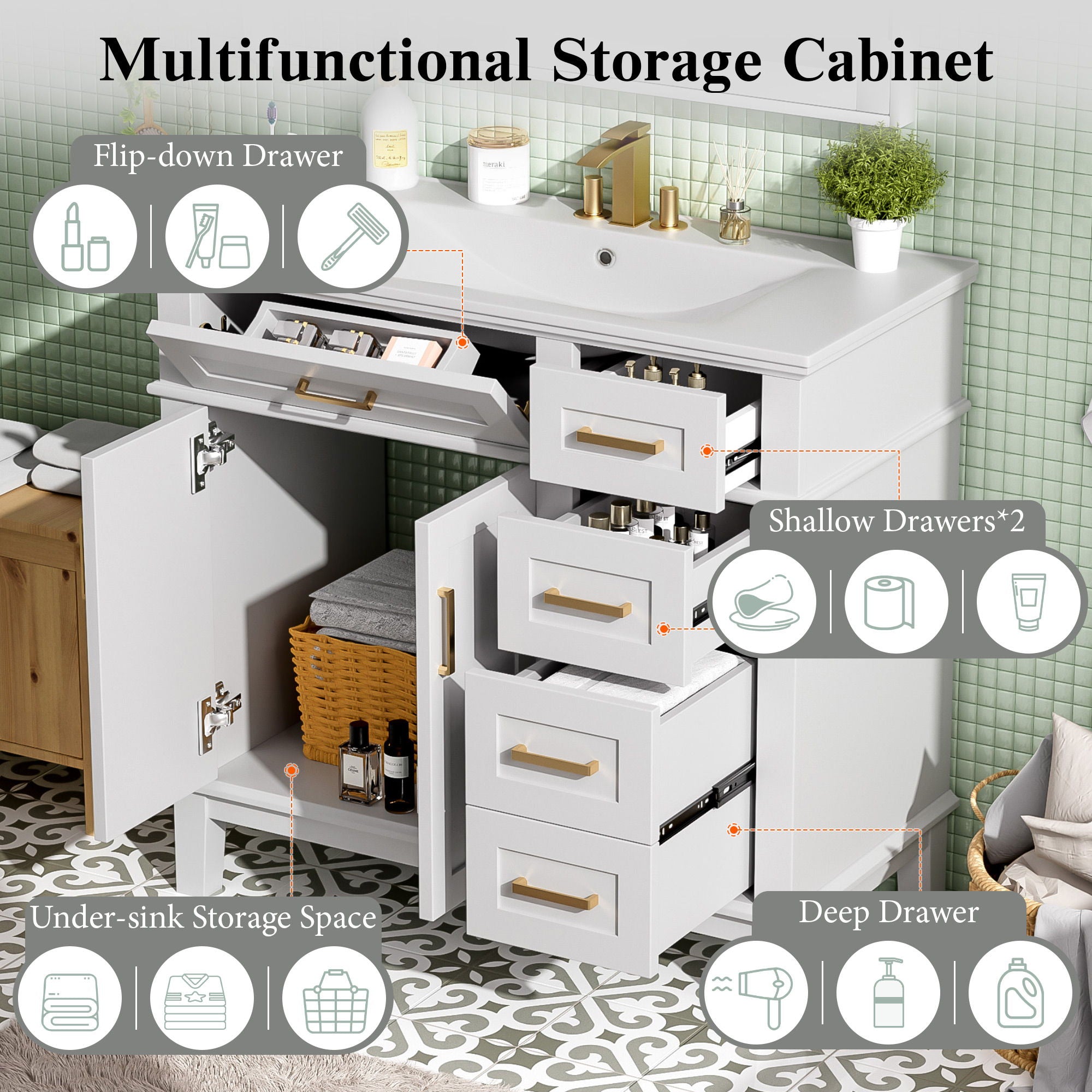 Bathroom Vanity With Sink, Soft Close Doors, 4 Storage Drawers